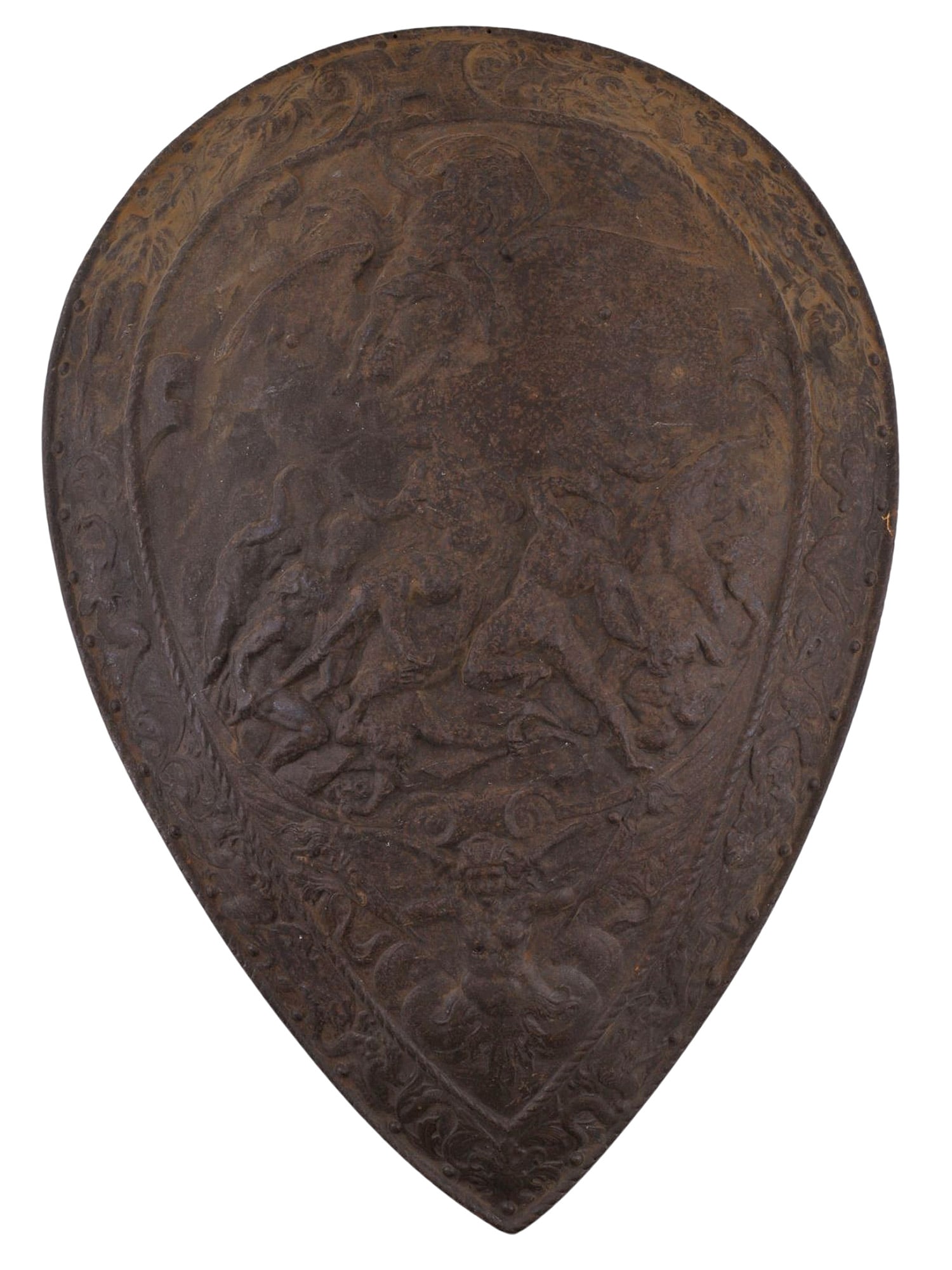 A RENAISSANCE-STYLE HENRY II CAST-BRONZE SHIELD, 19TH CENTURY: Decorative Henry II-style shield in cast bronze. The shield features a relief depicting Greek and Roman mythology scenes.France - 19th Century. Dimensions: 28 3/4 x 20 1/2 in., (73 x 52 cm.) Please ma