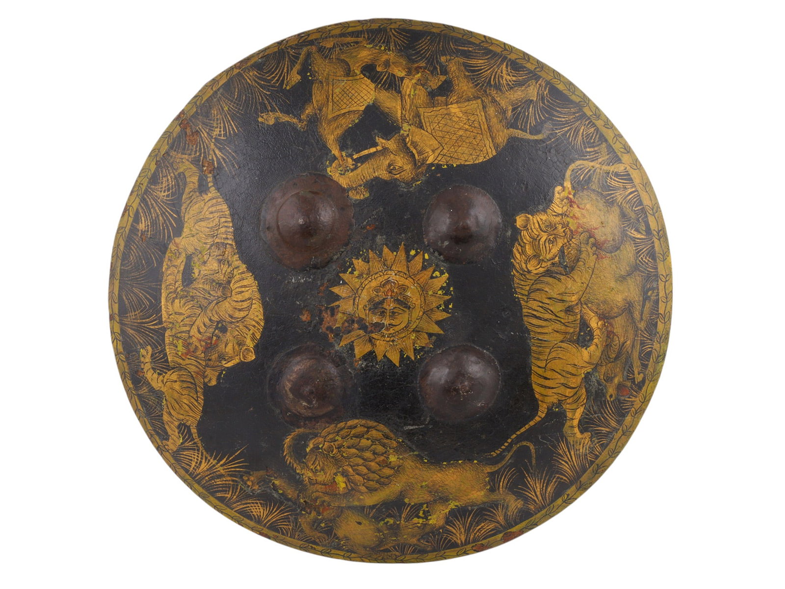 AN INDIAN PAINTED AND GILT HIDE DHAL SHIELD, LATE 19TH CENTURY (1 of 5)