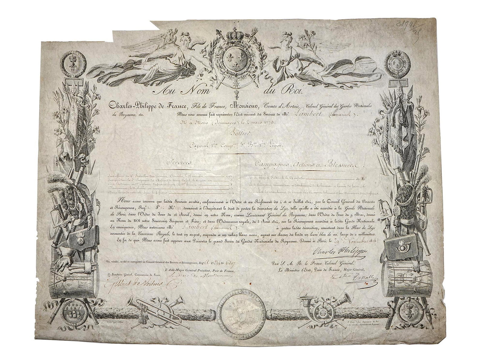 AN 1814 BOURBON RESTORATION AWARD CITATION, REIGN OF LOUIS XVIII (1 of 6)