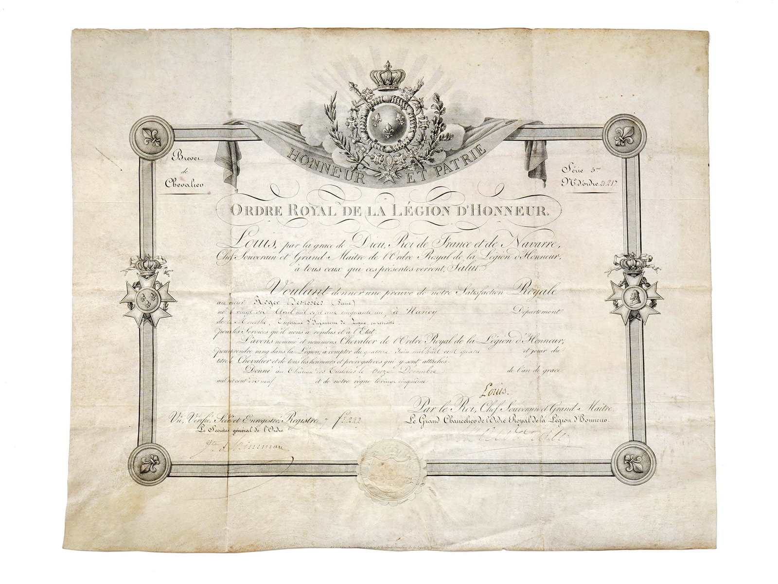 AN 1819 FRENCH LEGION OF HONOR CITATION, REIGN OF LOUIS XVIII: An original brevet (citation) appointing a recipient to the rank of Chevalier (Knight) in the Ordre Royal de la Légion d’Honneur, dated 9 October 1819, during the reign of Louis XVIII of Fr