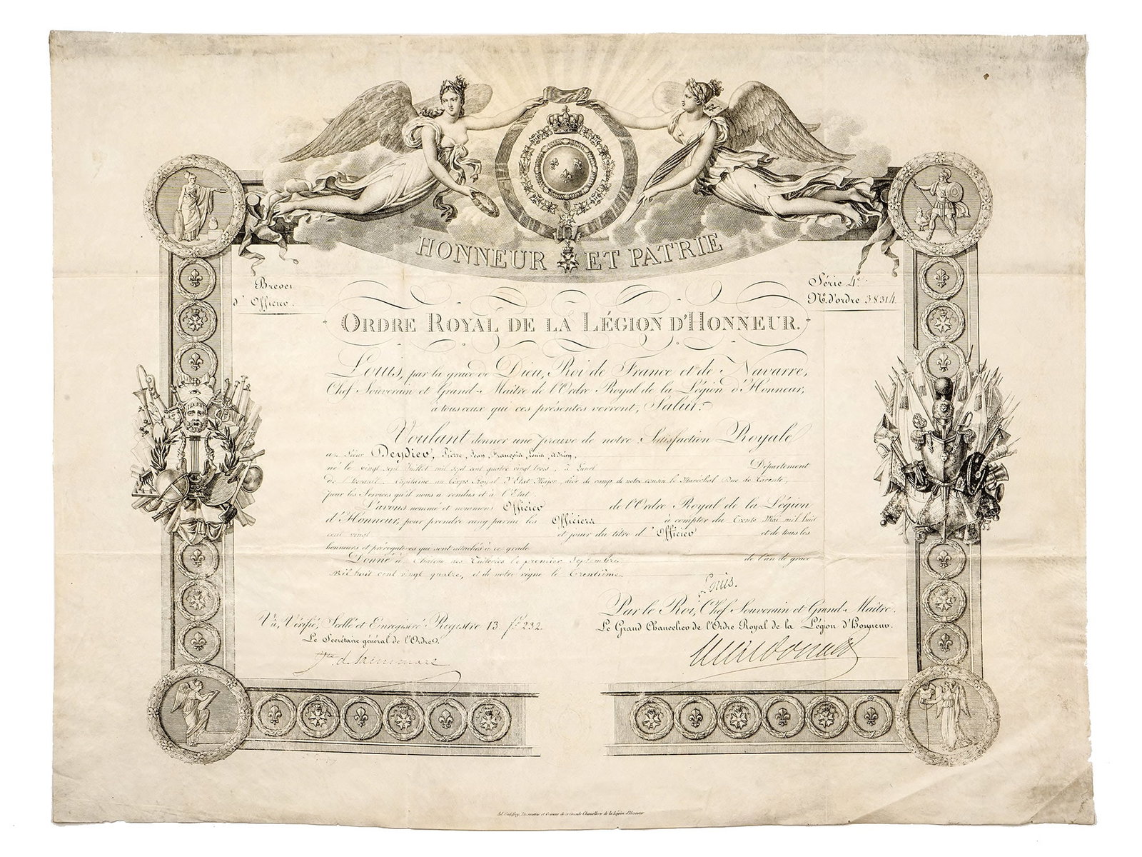 AN 1824 FRENCH LEGION OF HONOR CITATION: A beautifully engraved official Brevet de l’Ordre Royal de la Légion d’Honneur, a Royal Legion of Honour certificate, issued during the Bourbon Restoration in France.Header: "HONNEUR 