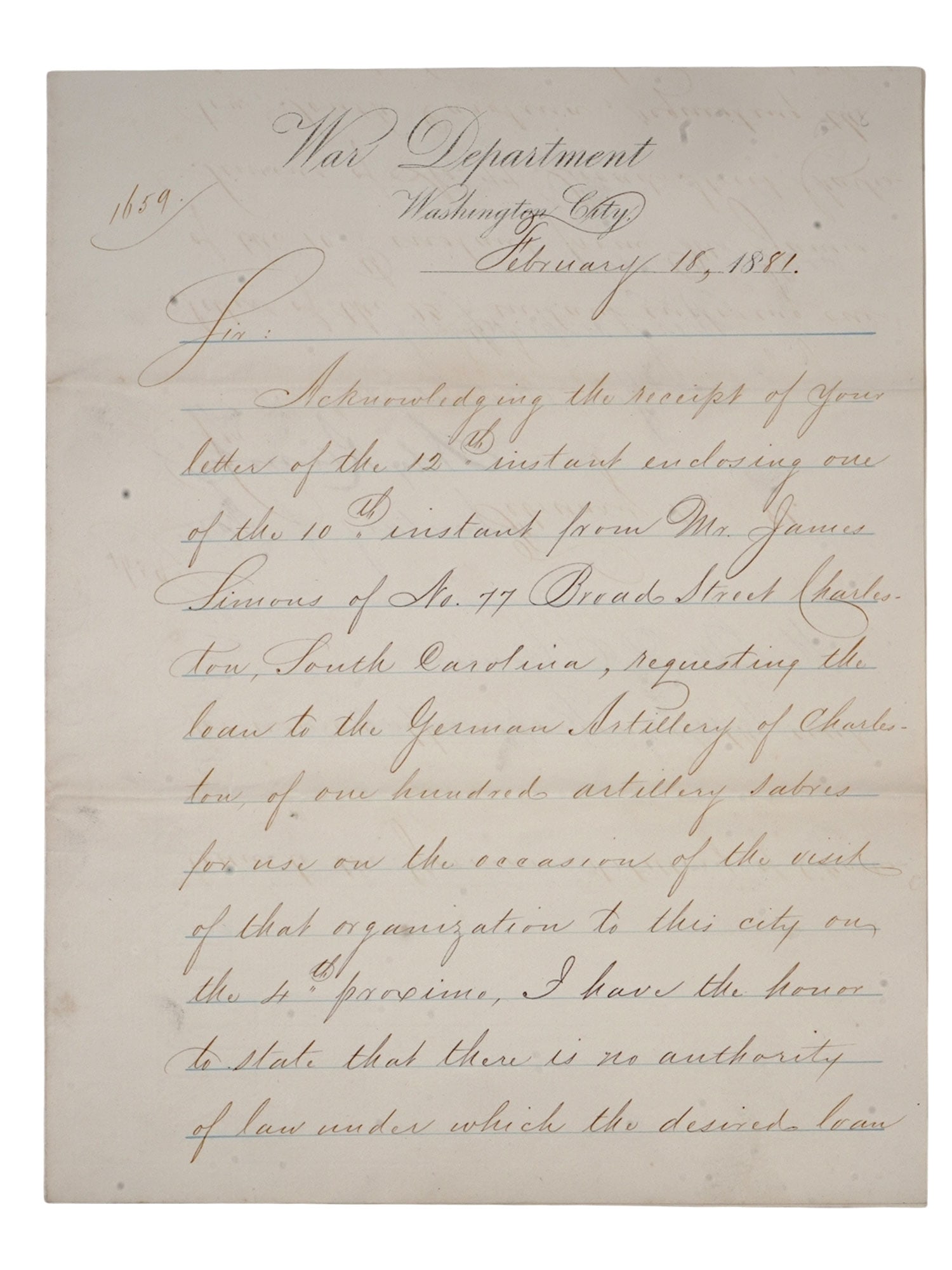 AN AMERICAN WAR DEPARTMENT LETTER TO HOUSE OF REPRESENTATIVES, FEB 1881, SECRETARY OF WAR ALEXANDER (1 of 5)