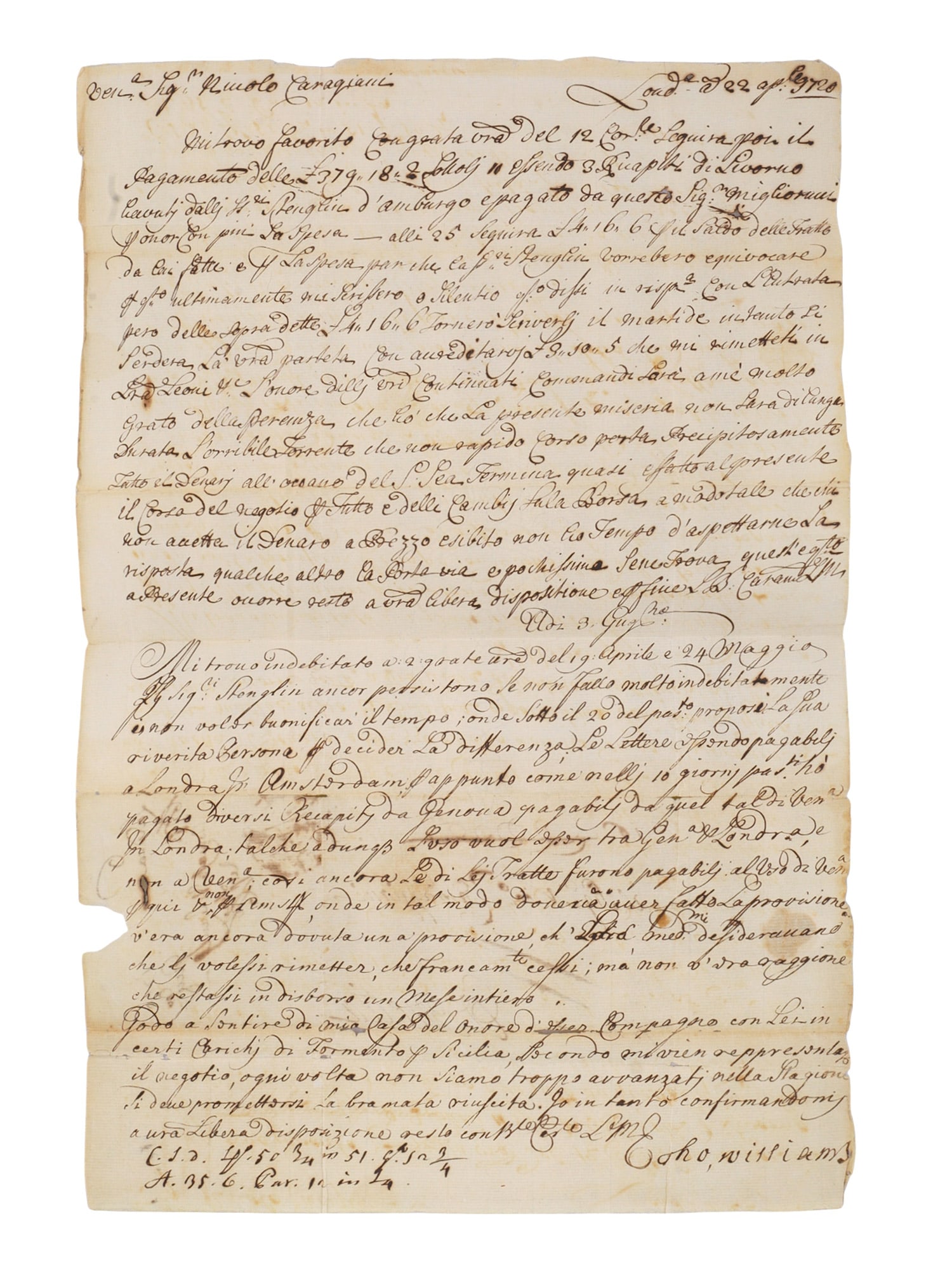 1720 LETTER TO VENETIAN MERCHANT NICCOLO CARAGIANI FROM THOMAS WILLIAMS, SOUTH SEA BUBBLE (1 of 4)