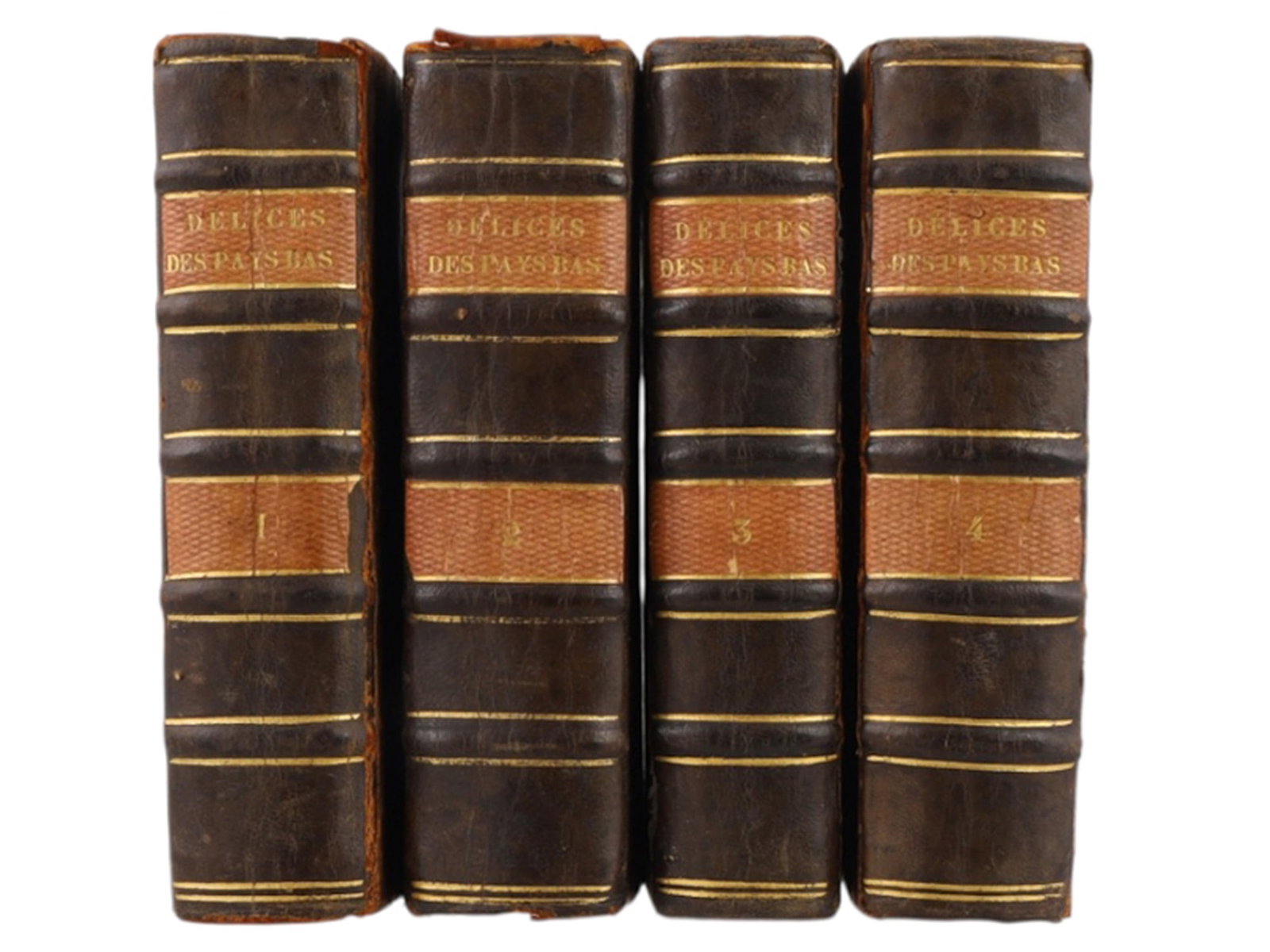 1720 HISTOIRE G?N?RALE DES PAIS-BAS, BELGIUM, NETHERLANDS, ILLUSTRATED, 4 VOLS: The second edition of this important work containing the history of the low countries, complete with 143 engraved plates (mostly fold-out) depicting city views, monuments, churches, maps, and other si