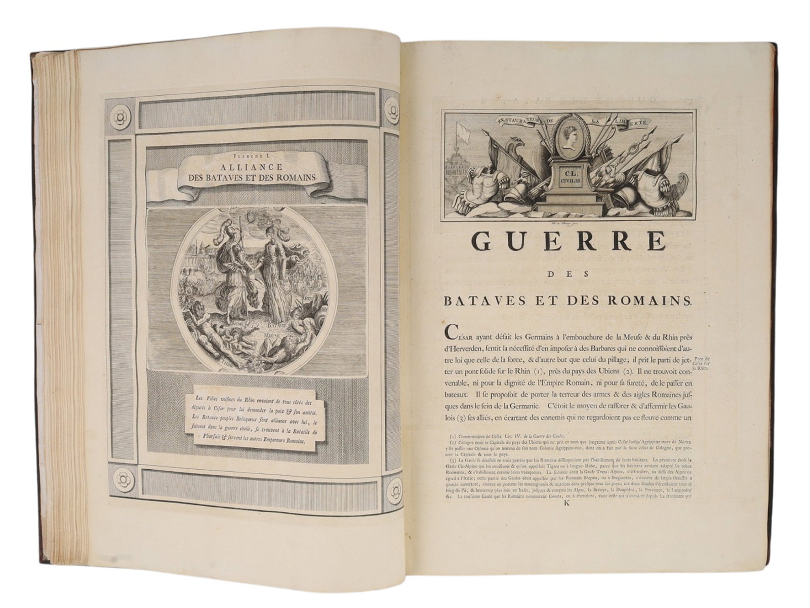 1770 SIGNED 1ST ED HISTOIRE DE LA GUERRE DES BATAVES ET DES ROMAINS, ILLUSTRATED: A 1770 signed first edition of 'Histoire de la Guerre des Bataves et des Romains d'Apre Cesar; Corneille Tacite, etc.' (History of the War Between the Batavians and the Romans After Caesar; Cornelius 