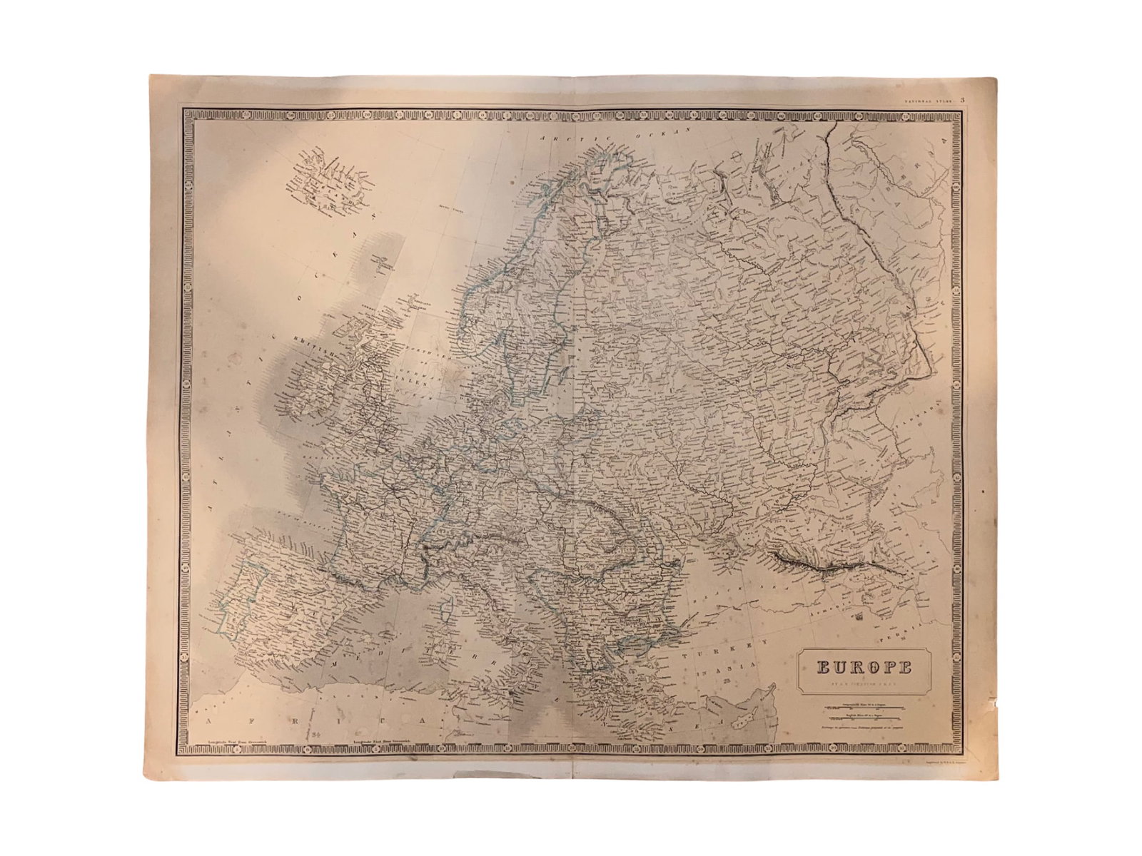 C. 1877 MAP, EUROPE, ALEXANDER KEITH JOHNSTON, NATIONAL ATLAS: A circa 1877 edition of Scottish cartographer Alexander Keith Johnston's (1804–1871) map of the whole of Europe, from 'The National Atlas of Historical, Commercial and Political Geography'. This