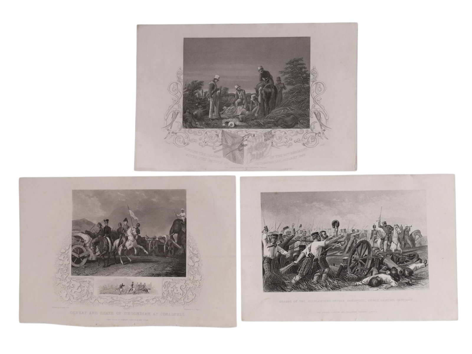 A LOT OF 3 INDIAN BATTLE PRINTS, SCOTTISH HIGHLANDERS AT CAWNPORE, FINDING THE COLOURS AT: A group of 3 lithographs depicting battle scenes from the Anglo-Indian Wars. The first showing the Scottish Highlanders under General Havelock charging at the Battle of Cawnpore during the Indian Rebe