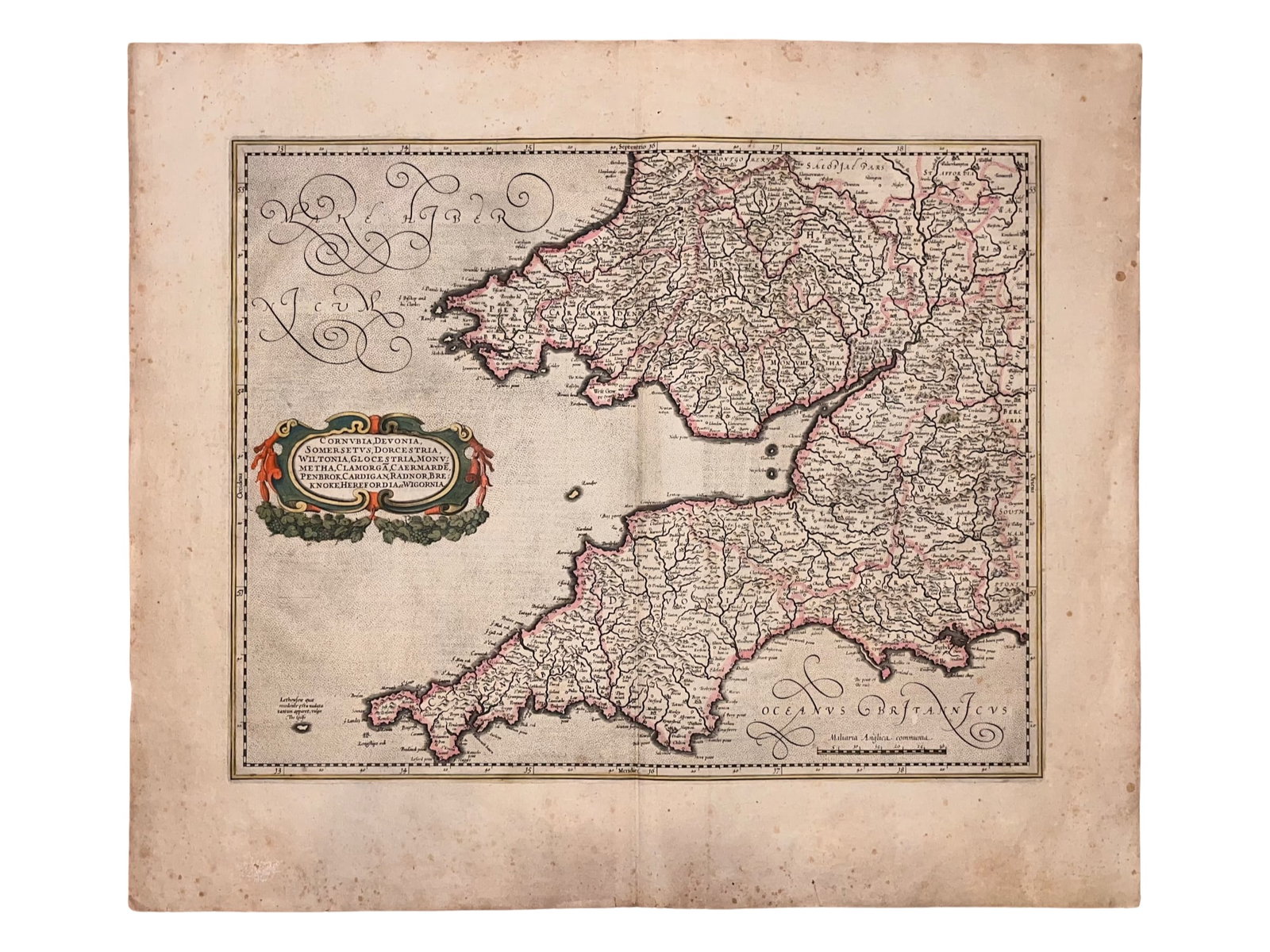 C. 1636 GERARDUS MERCATOR MAP OF ENGLAND, CORNWALL, DEVON, SOUTH WALES, HAND-COLORED (1 of 6)