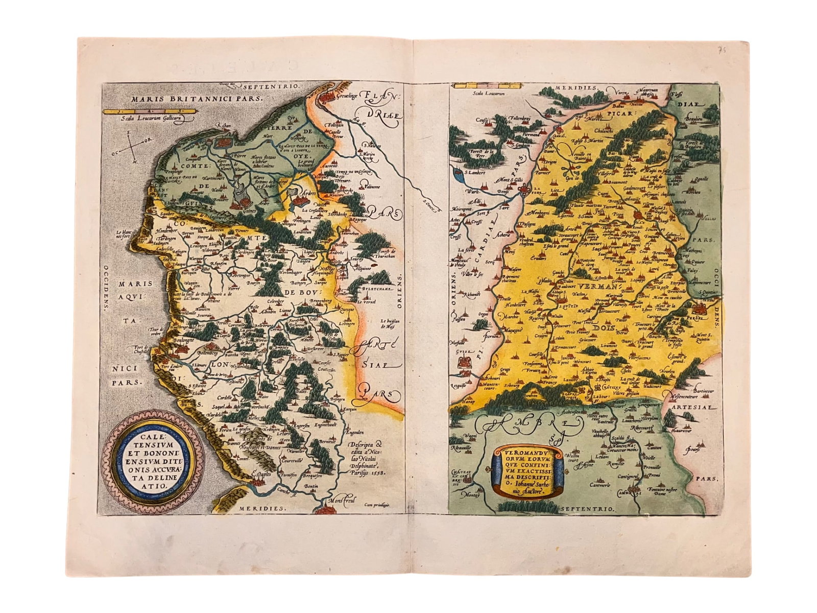 C. 1587 ABRAHAM ORTELIUS MAP OF CALAIS AND VERMANDOIS, FRANCE, HAND-COLORED: A circa 1587 hand-colored edition of Belgian cartographer Abraham Ortelius' (1527-1598) map of Calais and Vermandois in the North of France, including the border with Flanders, based on the work of Je