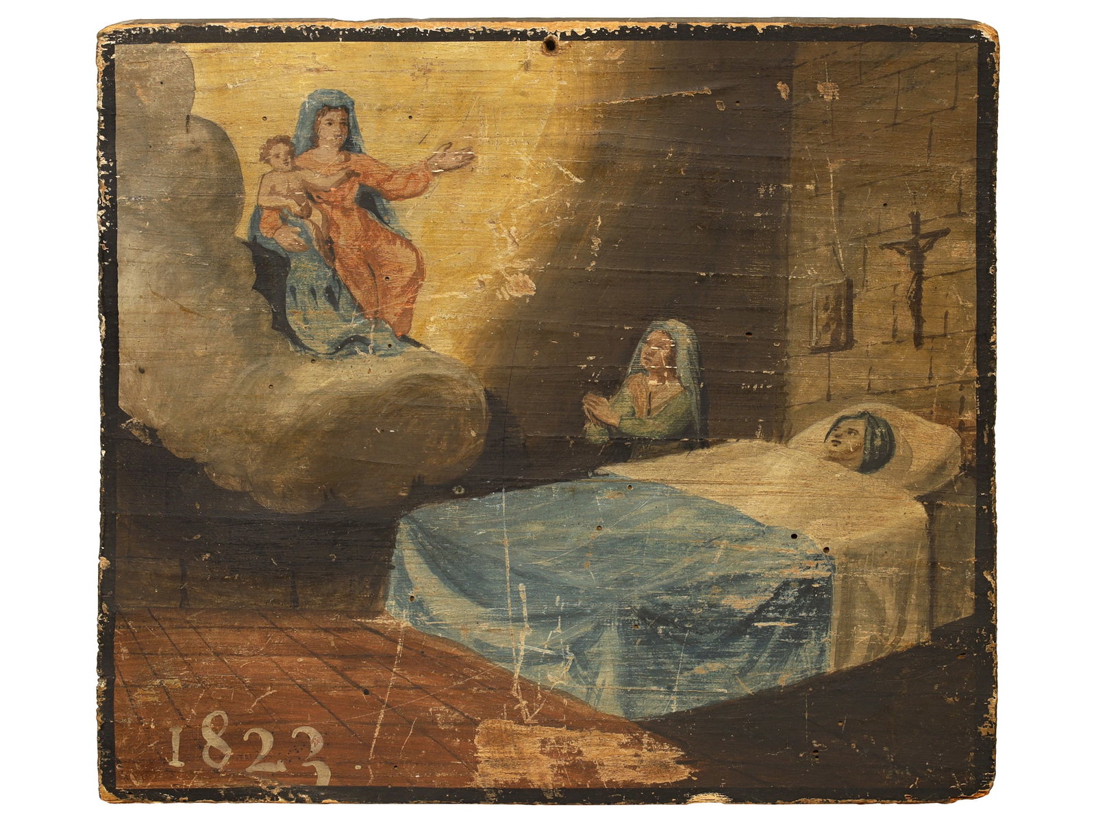 AN ITALIAN EX VOTO PAINTING WITH THE VIRGIN MARY, 1823, CATHOLIC: An Italian Catholic Ex Voto painting for a sickly young person. The painting depicts a person in their sick bed gazing up at the Virgin Mary appearing from Heaven with the Infant Christ in her arms, a