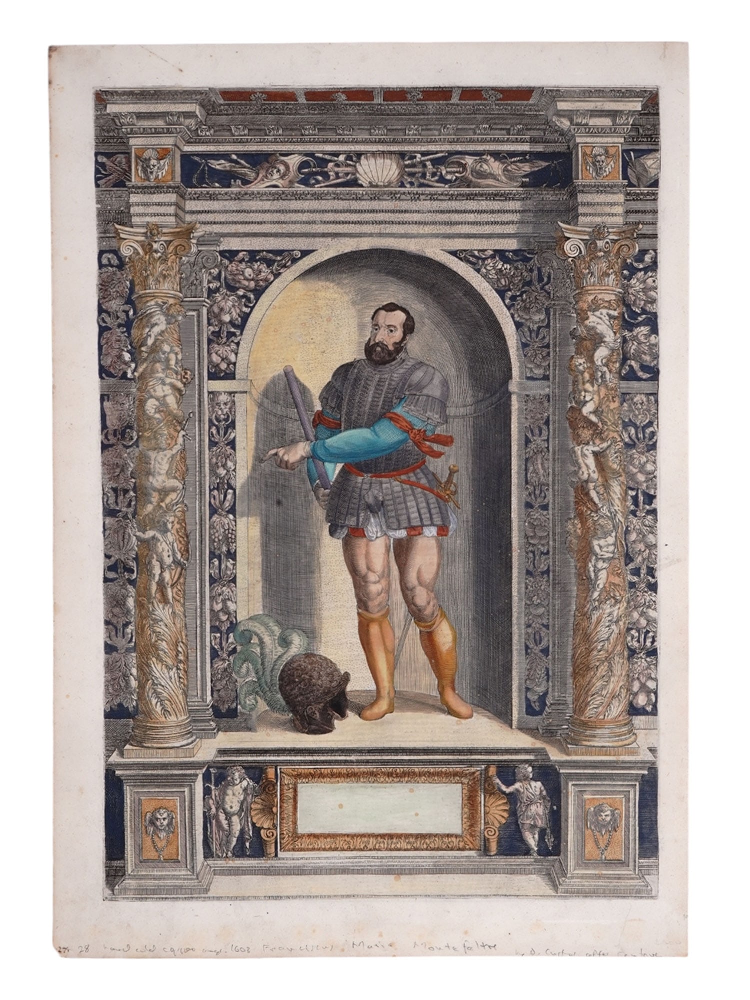 1603 HAND-COLORED ENGRAVING, MATTH?US LANG, PRINCE-ARCHBISHOP OF SALZBURG, ARMAMENTARIUM HEROICUM: A 1603 engraving from the 'Armamentarium Heroicum' depicting the person and armor of Matthäus Lang von Wellenburg (1469-1540), the Prince-Archbishop of Salzburg in Austria and Cardinal Bishop of 
