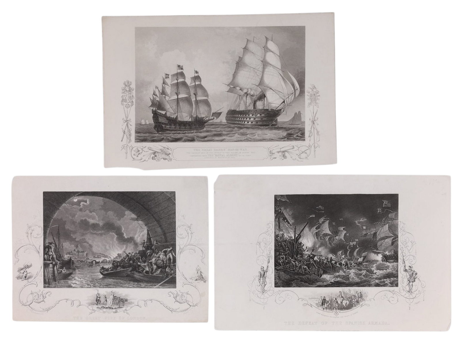 A LOT OF 3 BRITISH HISTORICAL LITHOGRAPHS, DEFEAT OF THE SPANISH ARMADA, GREAT FIRE OF LONDON, THE: A group of 3 lithograph scenes from English history, mostly naval related. The first being a scene of the defeat of the Spanish Armada engraved by John Rogers (1800-1888) after the painting by Philip 