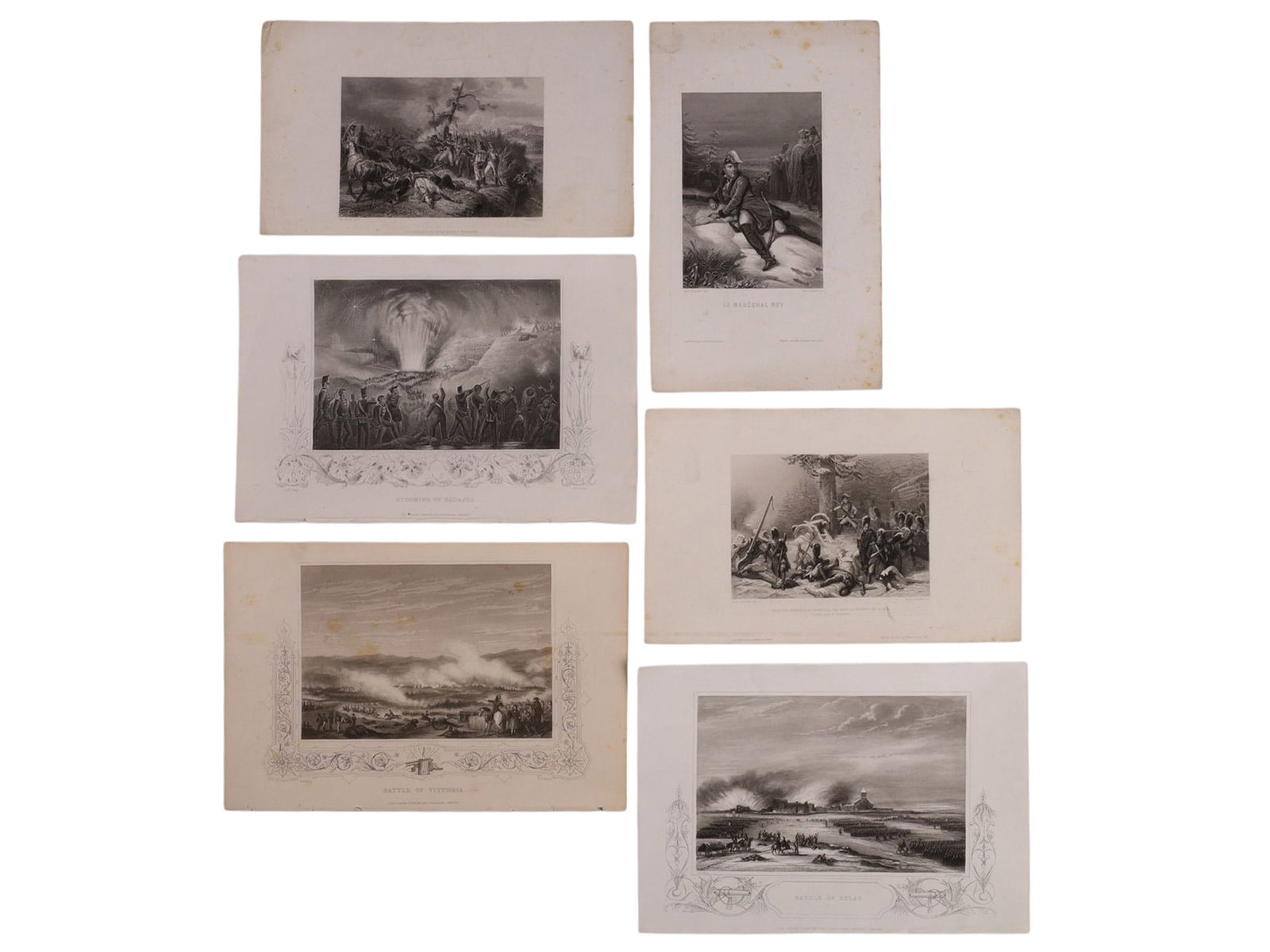 A LOT OF 6 NAPOLEONIC WAR LITHOGRAPHS, MARECHAL NEY, VITEBSK, BADAJOZ, EYLAU, VITTORIA, 19TH CENTURY: A group of 6 lithograph scenes from the Napoleonic Wars, including the a portrait of Marechal Ney as well as a scene of him and his troops retreating from Russia during the winter; the storming of Bad