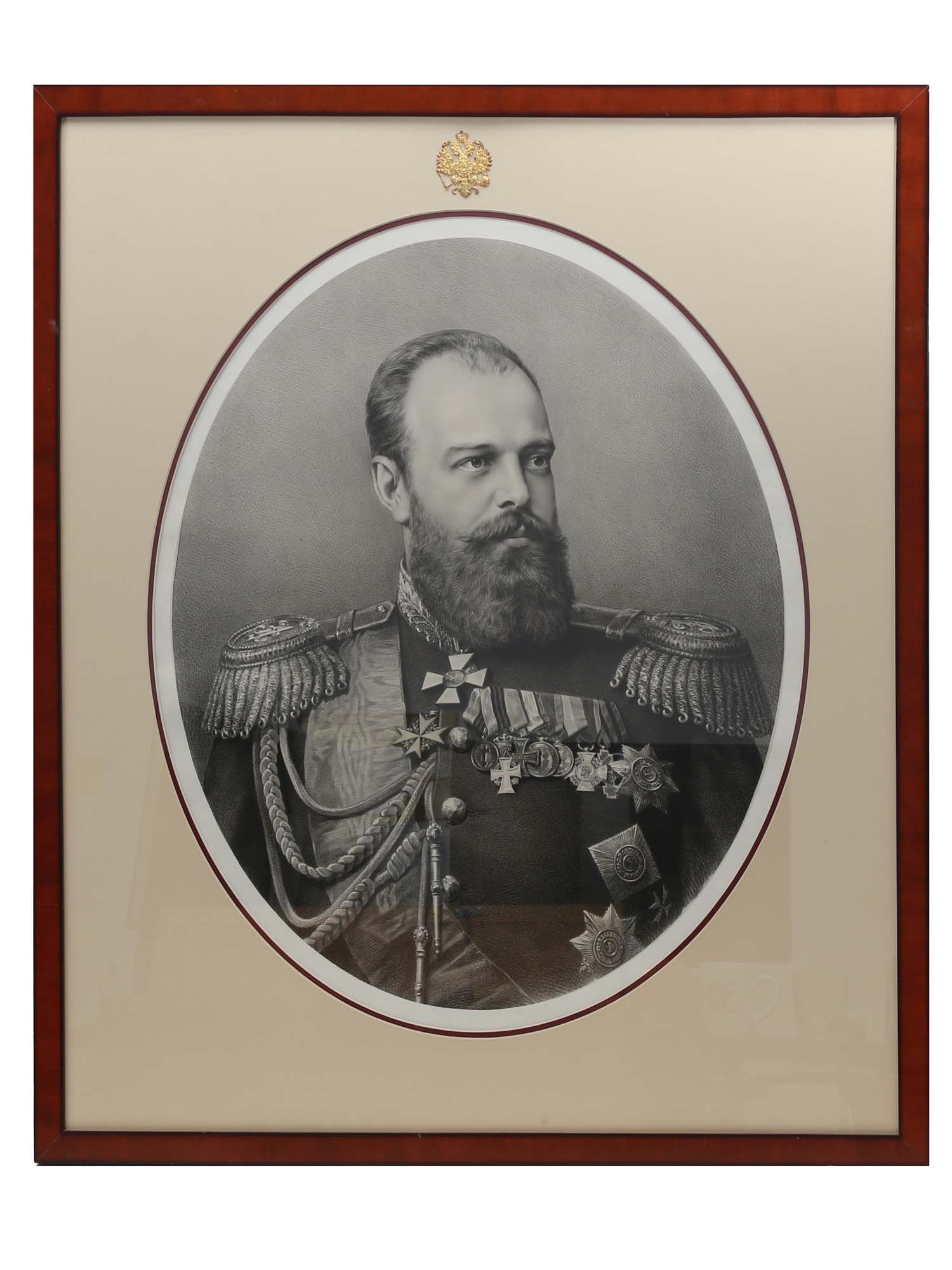 A RUSSIAN EMPEROR ALEXANDER III ENGRAVING, 1881: A framed engraved portrait of Alexander III (1845-1894), Tsar of Russia, from L'Illustrazione Italiana, No 14, April 3, 1881. Dimensions: 38 1/2 x 34 in., (97.8 x 86.4 cm.) Please make all inquiries b