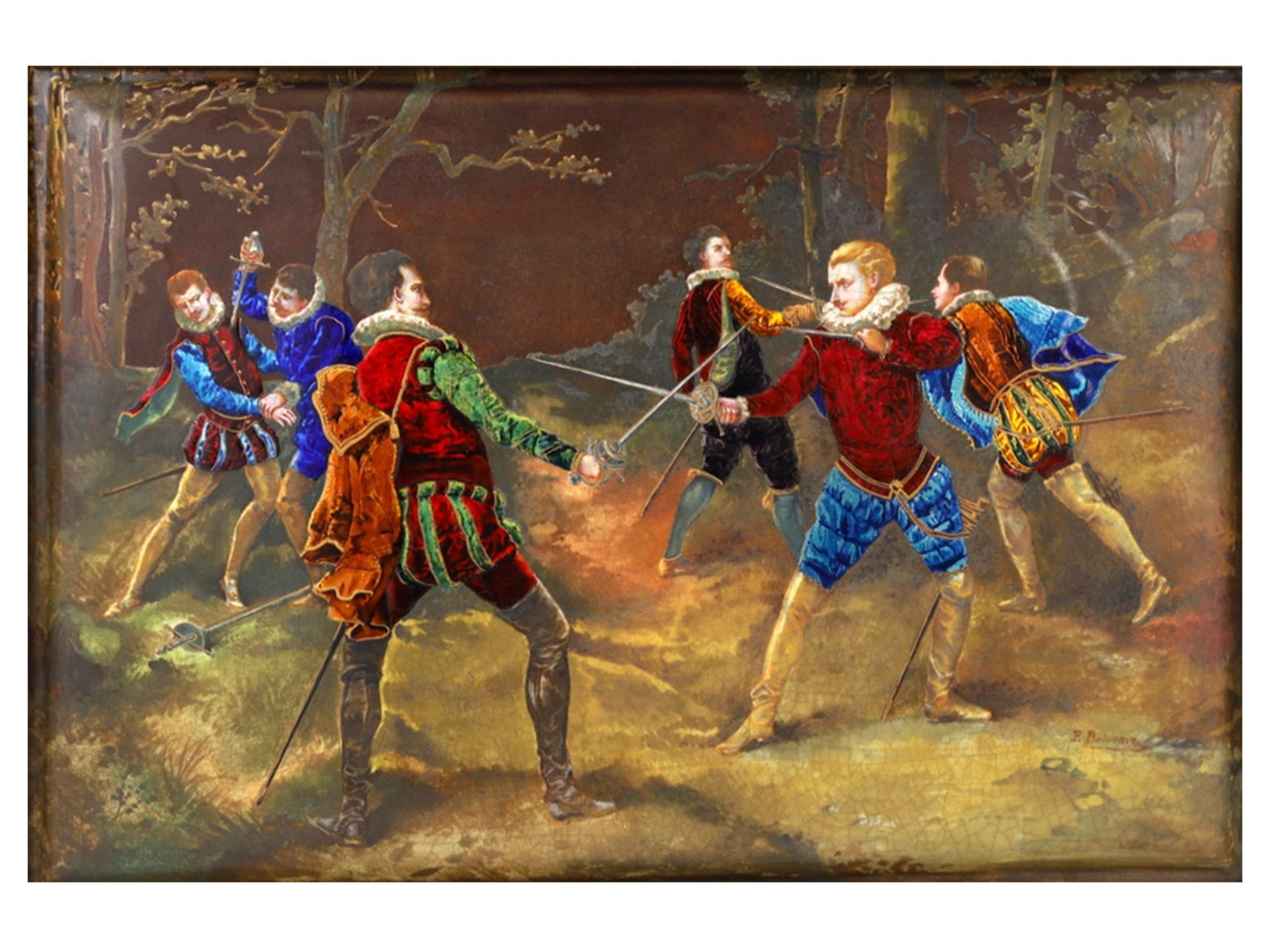 A LARGE PIERRE DELORMES (1783-1859) FRENCH ENAMEL PLAQUE WITH A DUELING SCENE, 19TH CENTURY: A large enamel plaque by French artist Pierre Claude Francois Delorme (1783-1859), signed by him to the lower right corner. The piece depicts a group of six men in brightly colored Elizabethan outfits