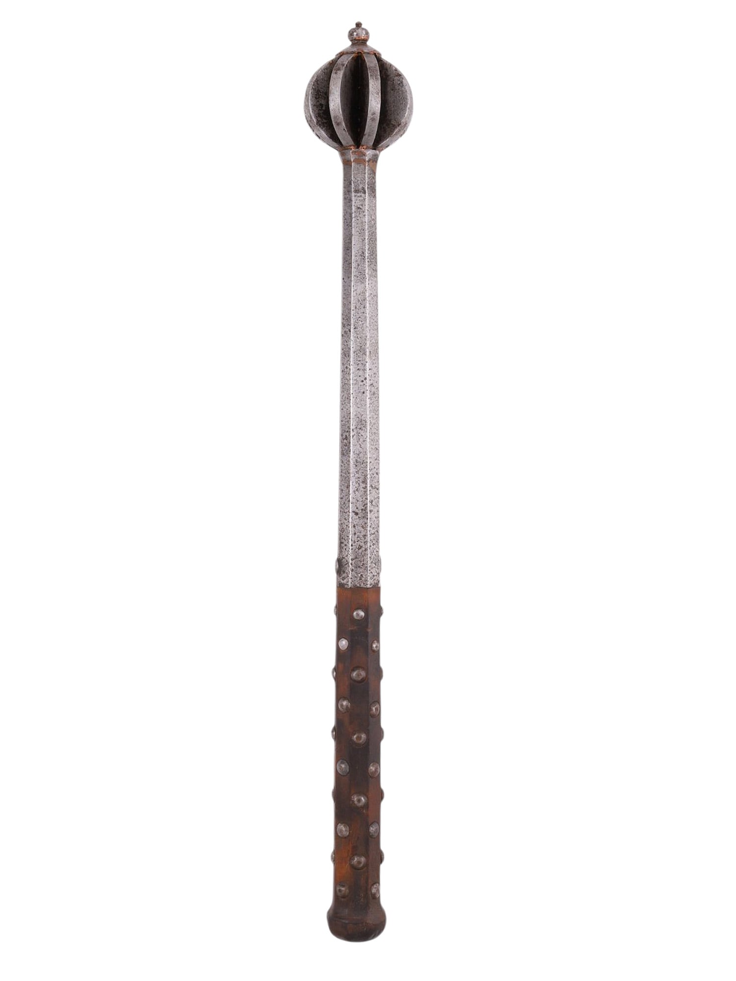 A STEEL FLANGED MACE WITH REINFORCED SHAFT, HUNGARIAN, 17TH?18TH CENTURY: The weapon comprising a straight, faceted steel shaft of elongated hexagonal section, terminating in a robust multi-flanged spherical head. The head is formed as a lobed bulb with pronounced radial fl