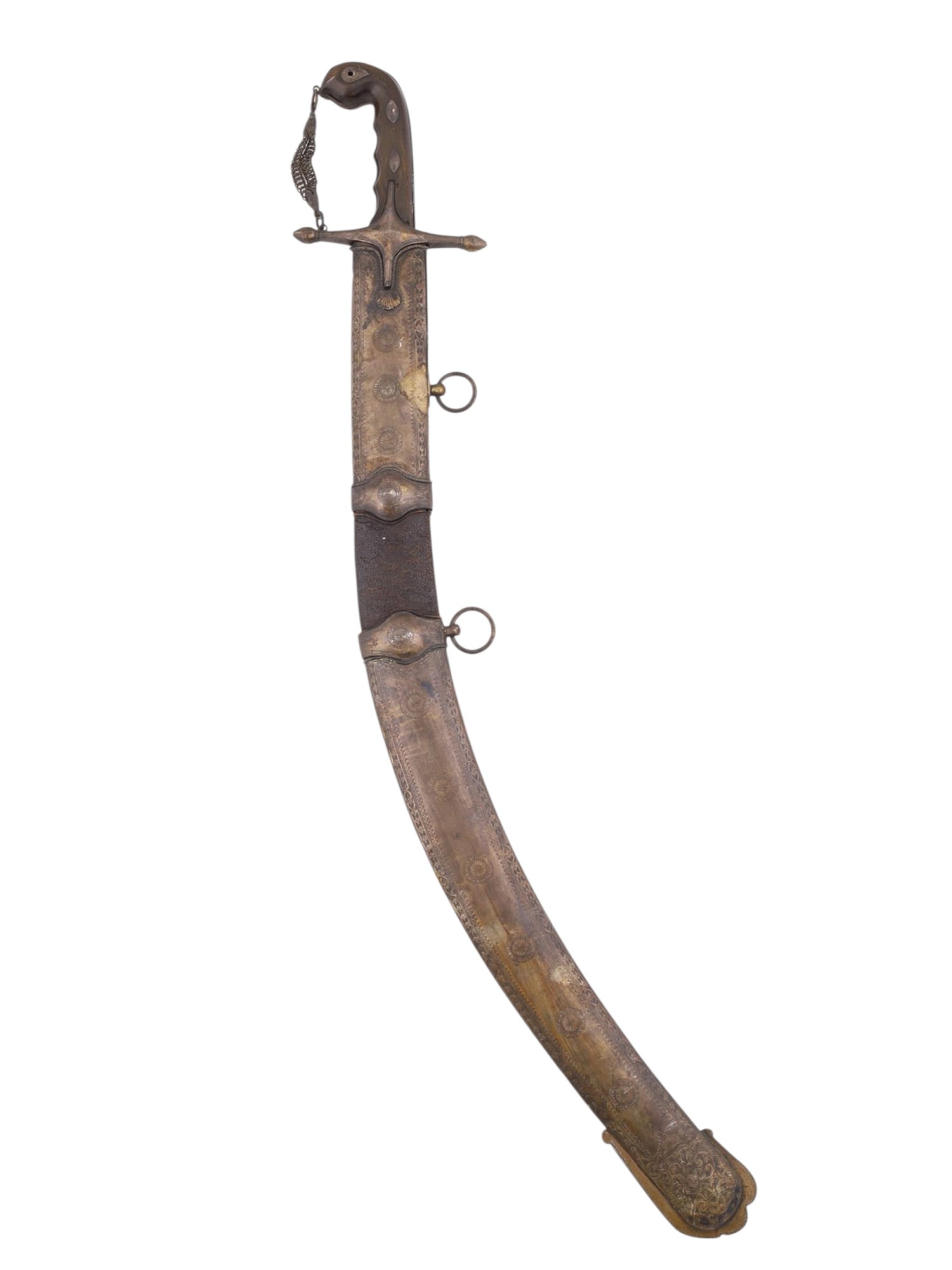 A LARGE OTTOMAN KILIJ SWORD WITH METAL-MOUNTED SCABBARD, 19TH CENTURY: With a pronounced curved, single-edged kilij blade measuring 27 1/2 inches in length and widening to approximately 1 3/4 inches at the yalman. The hilt of characteristic pistol-grip form fitted with f