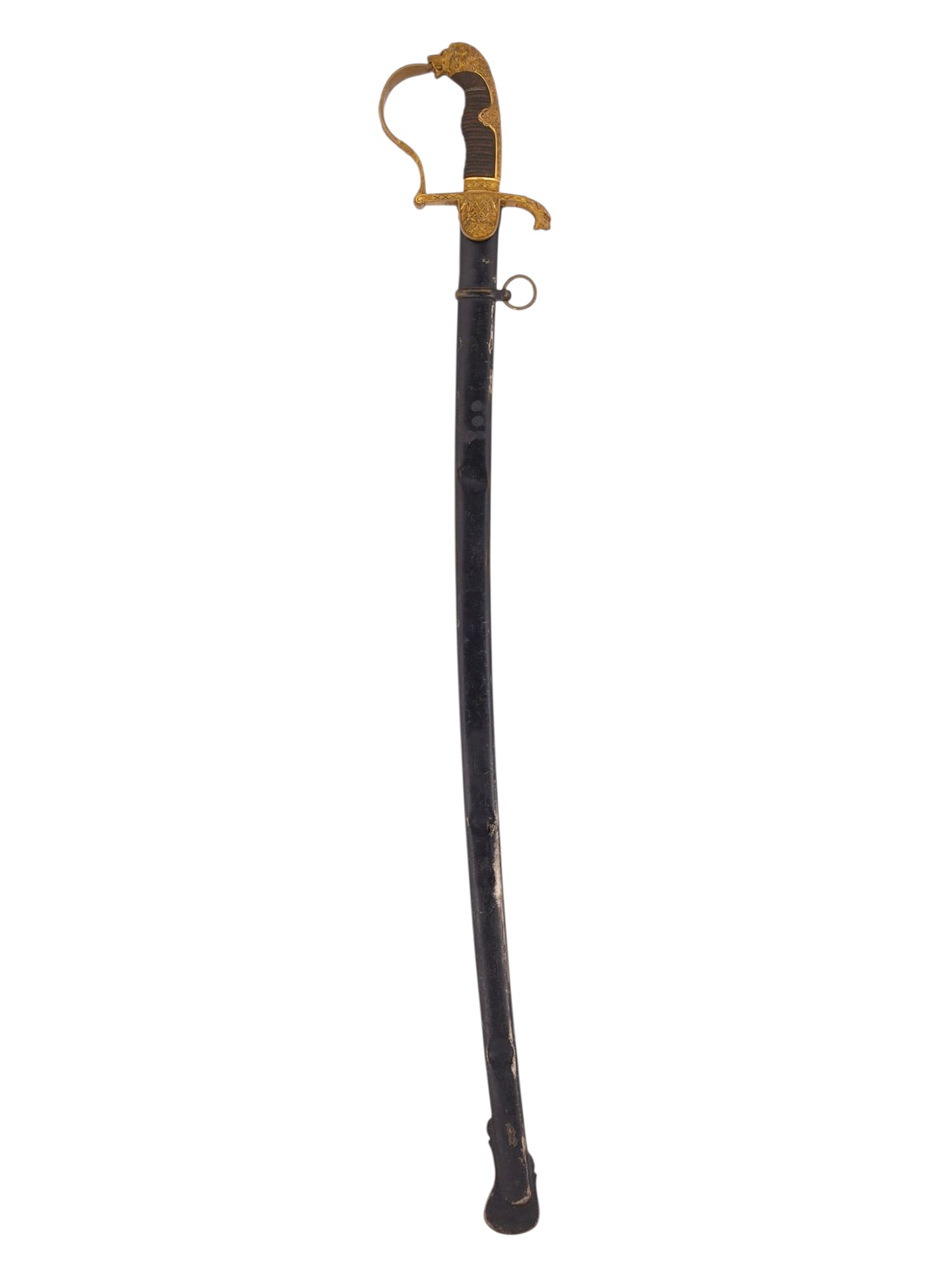 A GERMAN EMPIRE SOLINGEN ETCHED LION HEAD SABRE, CA. 1883-1918: A German Imperial lion head sabre produced by the famed Solingen firm of Weyersberg, Kirschbaum & Cie. The hilt is of gilt brass, with a large knucklebow, foliate relief decoration, and the iconic lio