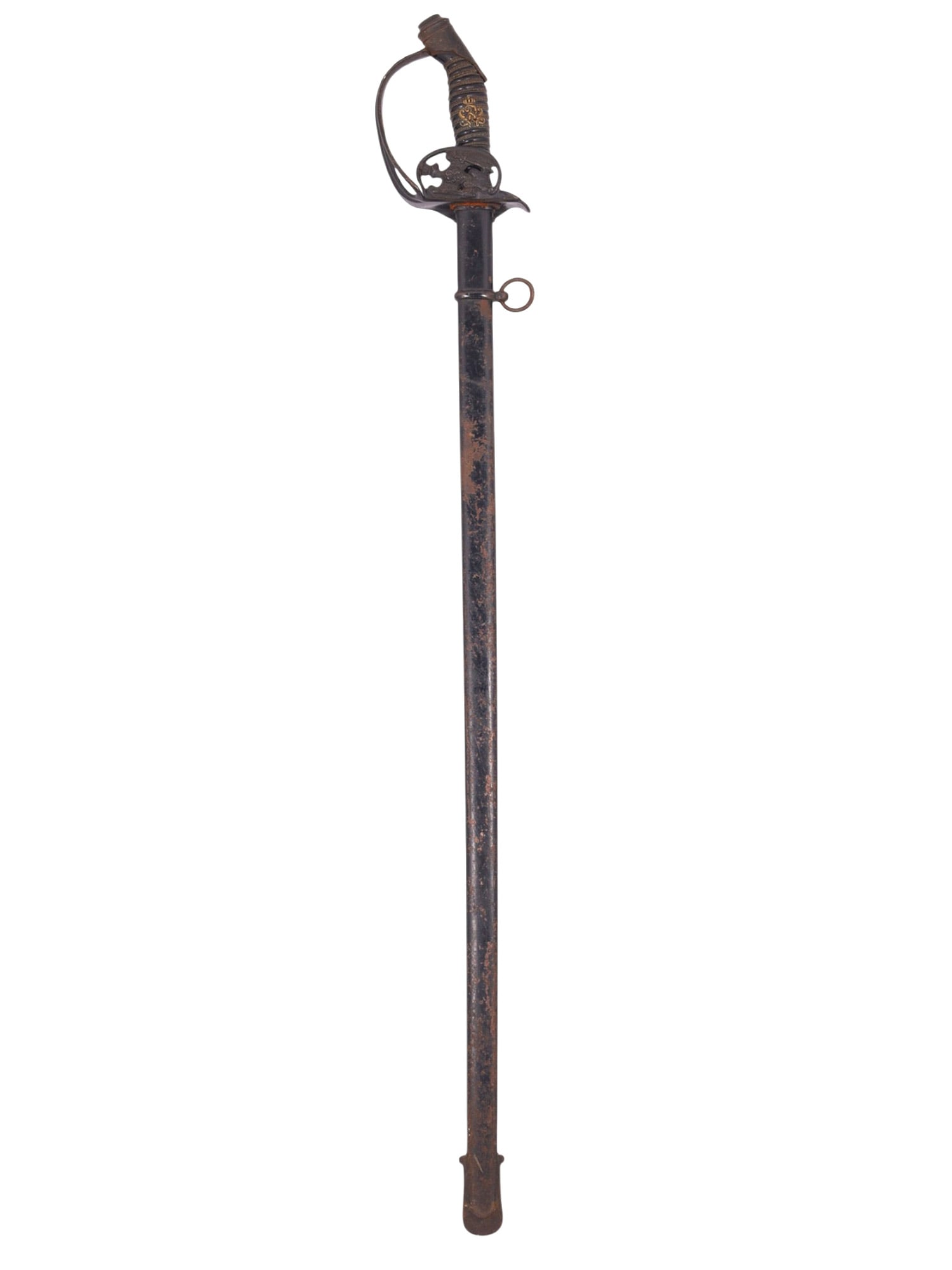 A PRUSSIAN M89 SWORD WITH FOLDING GUARD, GERMAN EMPIRE, LATE WAR: A Rare Late War Prussian model 1889 infantry sword with a foldable, blackened brass guard appearing as the Prussian Eagle holding a sword and scepter. The blade is of the characteristic form, with two
