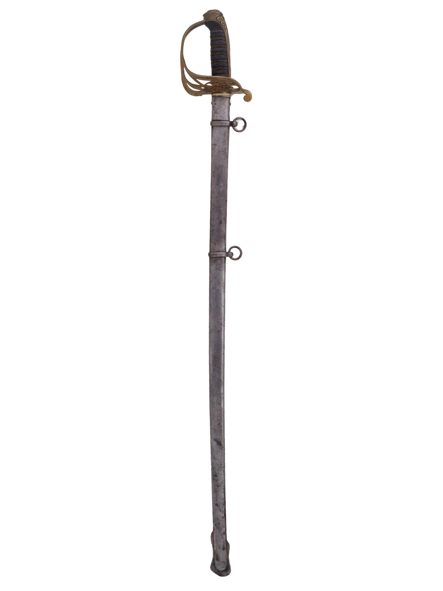 AN ENGLISH SABRE WITH QUEEN VICTORIA CYPHER, 19TH CENTURY: A 19th century English sword from the reign of Queen Victoria, decorated with her cypher on the guard. The guard with a folding element to the left hand side allowing more comfortable carry when sheat