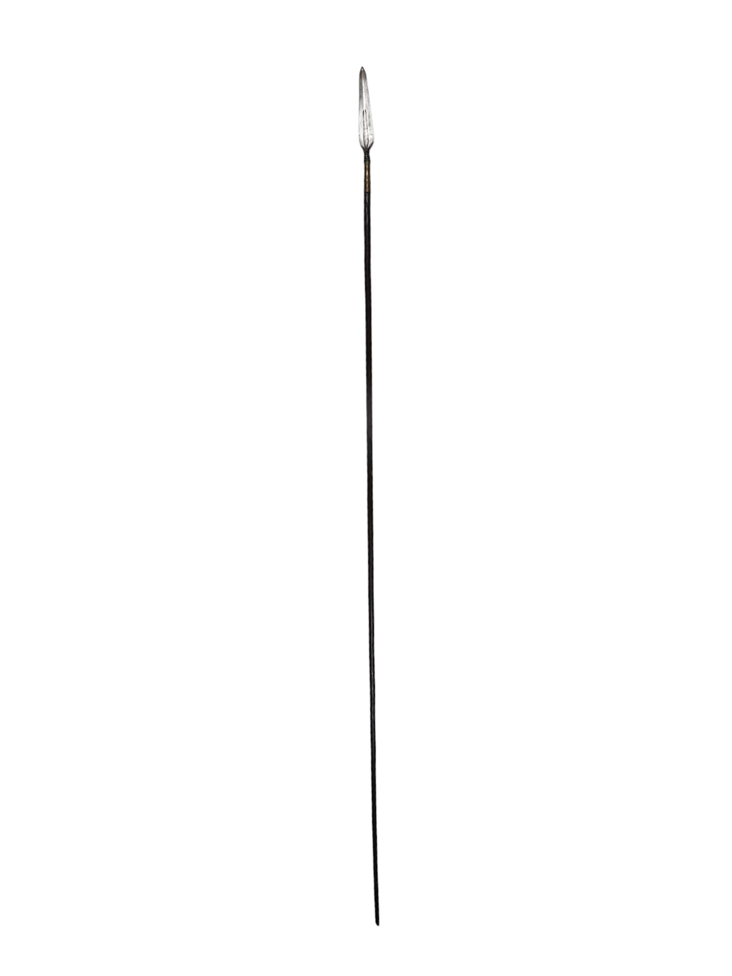 A MALAYSIAN OR PHILIPPINE SPEAR WITH INCISED DECORATION, 19 C.: Spear from Malaysia (called “Lembing”) or Philippines (Sulu/Jolo).Dark wood haft without decoration. Brass ferrule and socket, both decorated with incised geometric style. Large spearhead 