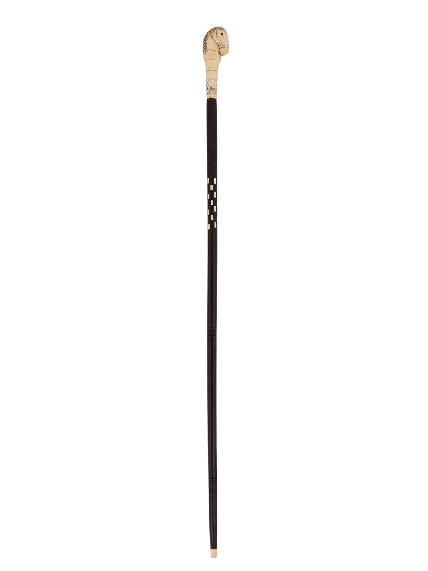 AN EXCEPTIONAL WALKING CANE WITH A CONCEALED BLADE, COLONIAL INDIA, 19TH CEN.: An unusual walking cane from British controlled Colonial India with a small curved dagger hidden under the handle. The handle is carved from bone which has been shaped as a highly detailed horse's hea