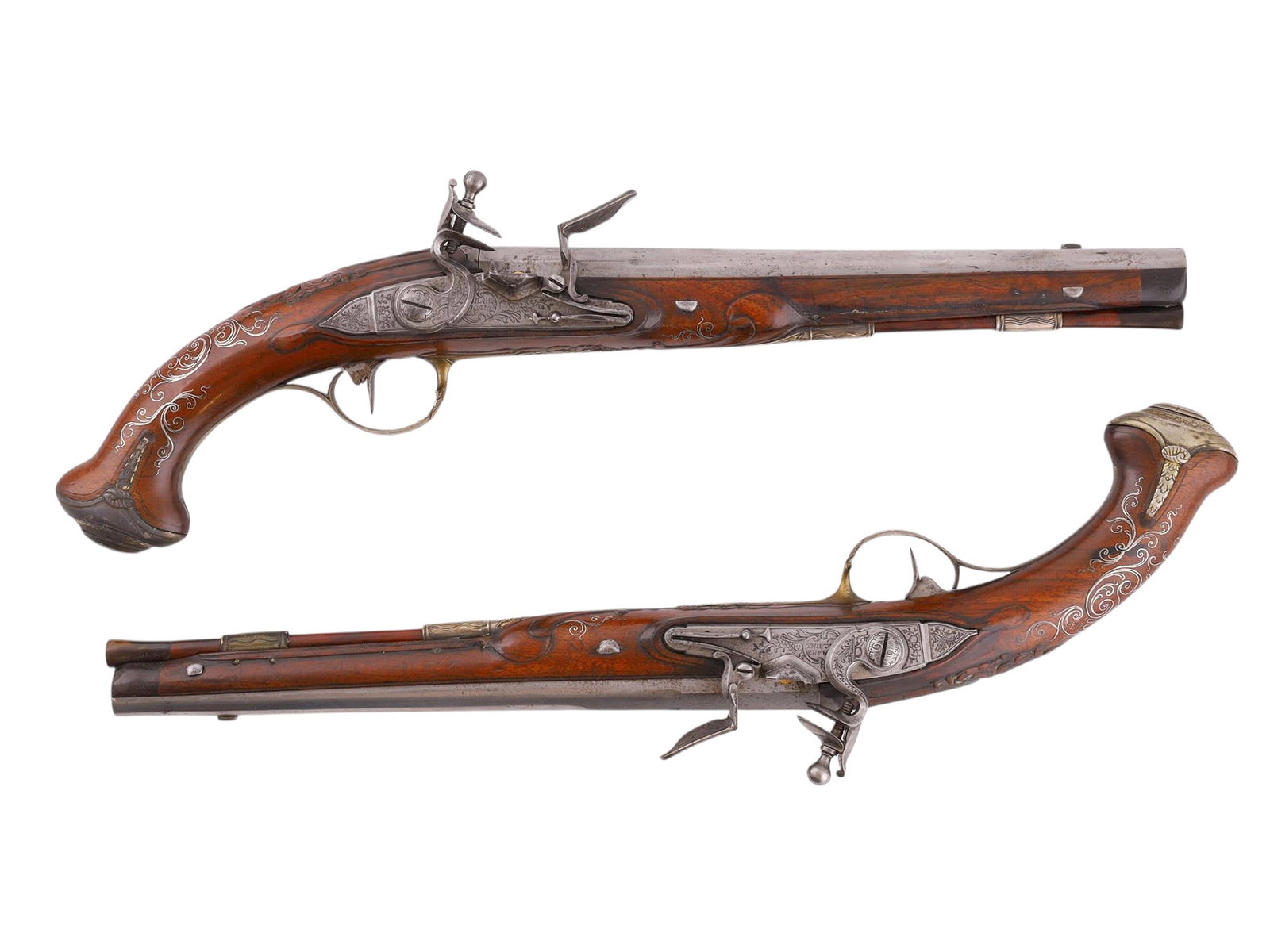 A PAIR OF RARE RUSSIAN TULA FACTORY FLINTLOCK PISTOLS BY IVAN POLIN, 18TH CEN.: A finely matched pair of Russian flintlock pistols produced at the Imperial Tula Arms Factory and attributed to the master gunsmith Ivan Polin, dating to the second half of the 18th century. Each pist