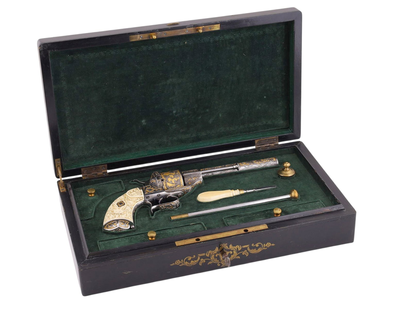 AN EXTREMELY RARE SPANISH PHILLIPINES GOVERNOR-GENERAL LEMERY CASED PRESENTATION LEFAUCHEUX MODEL: An exquisitely gilt and decorated cased presentation Lefaucheux Model 1854 pinfire revolver, serial number 2, given in 1862 to Spanish Military General José Nicolás Francisco Pablo Léme