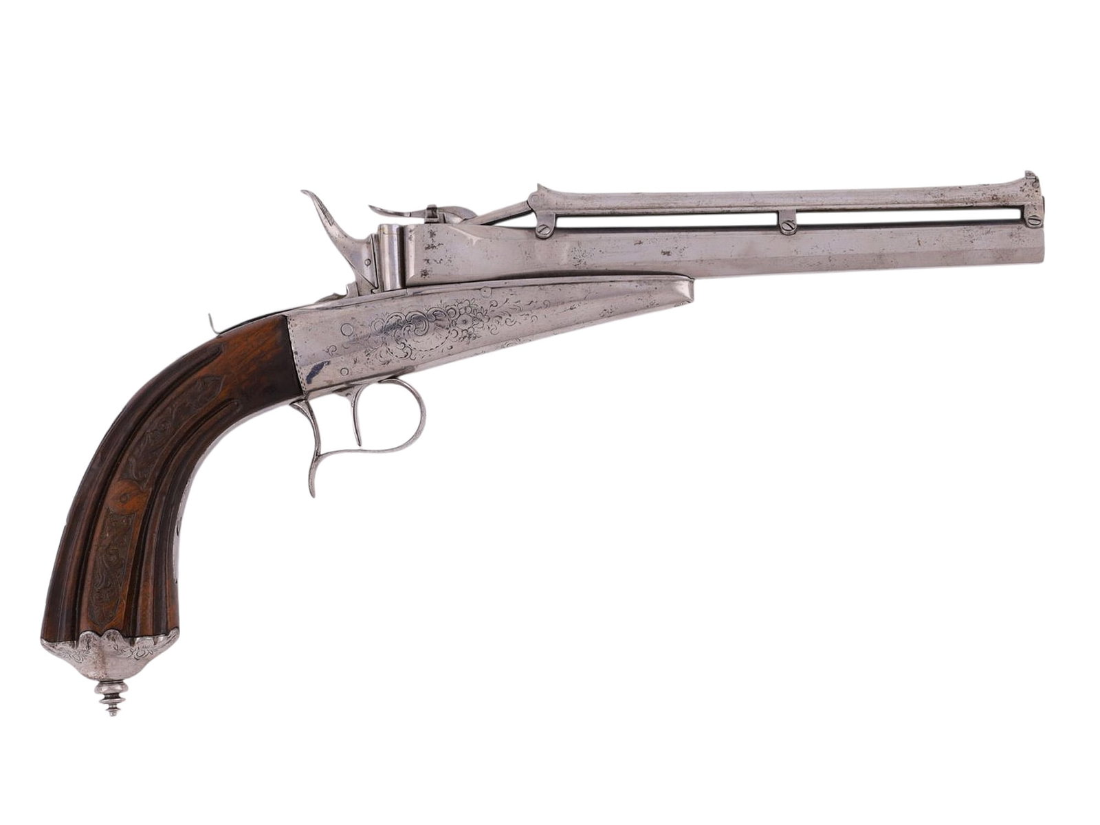 A RARE ENGRAVED VICTOR COLLETTE GRAVITY FEED PISTOL, 19TH CENTURY: A rare Victor Collette gravity pistol which has been delicately engraved with floral and scroll work motifs on the receiver and pommel. The wooden grip being masterfully fluted and carved with similar