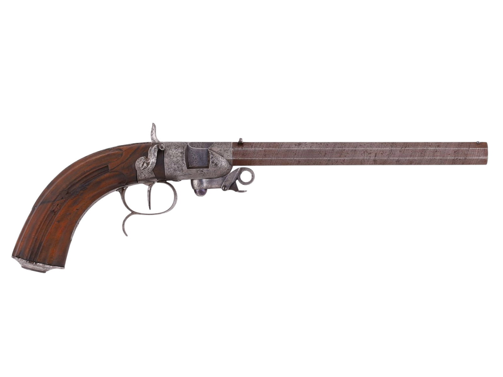 A RARE ENGRAVED BERINGER SYSTEM ROTATING BREECH LOADING PISTOL WITH DAMASCUS STEEL BARREL, 19TH (1 of 16)
