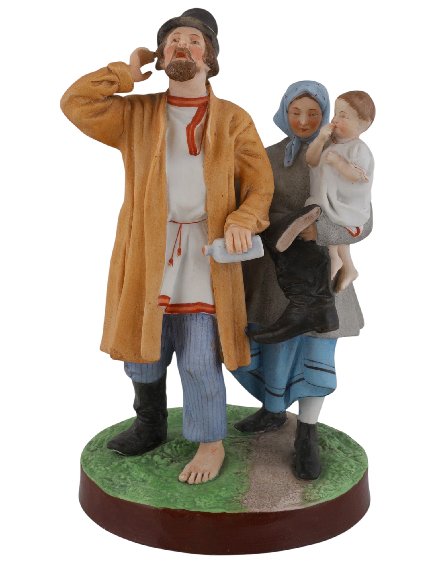 A RUSSIAN GARDENER PORCELAIN FIGURAL GROUP, DRUNK MAN WITH FAMILY, 19TH CENTURY: A Russian porcelain figural grouping entitled 'Drunk Man With Family' produced by the Gardner Porcelain Factory in Verbilki, circa 1870s-1890s.The drunken man is depicted stumbling forward, a bottle i