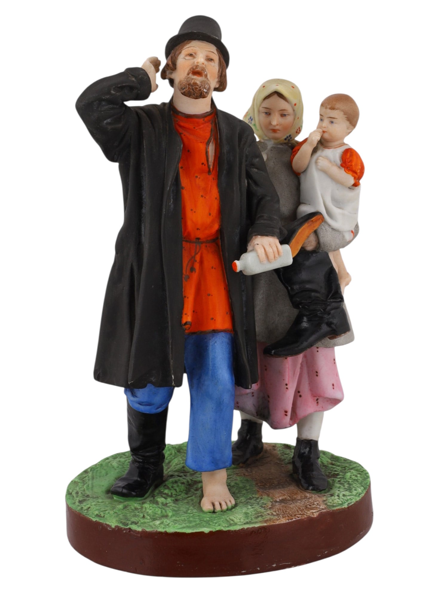 A RUSSIAN GARDNER PORCELAIN FIGURAL GROUP, DRUNK MAN WITH FAMILY, 19TH CEN.: A Russian porcelain figural grouping entitled "Drunk Man With Family," produced by the Gardner Porcelain Factory in Verbilki, circa 1870s-1890s.The drunken man is depicted stumbling forward, a bottle 