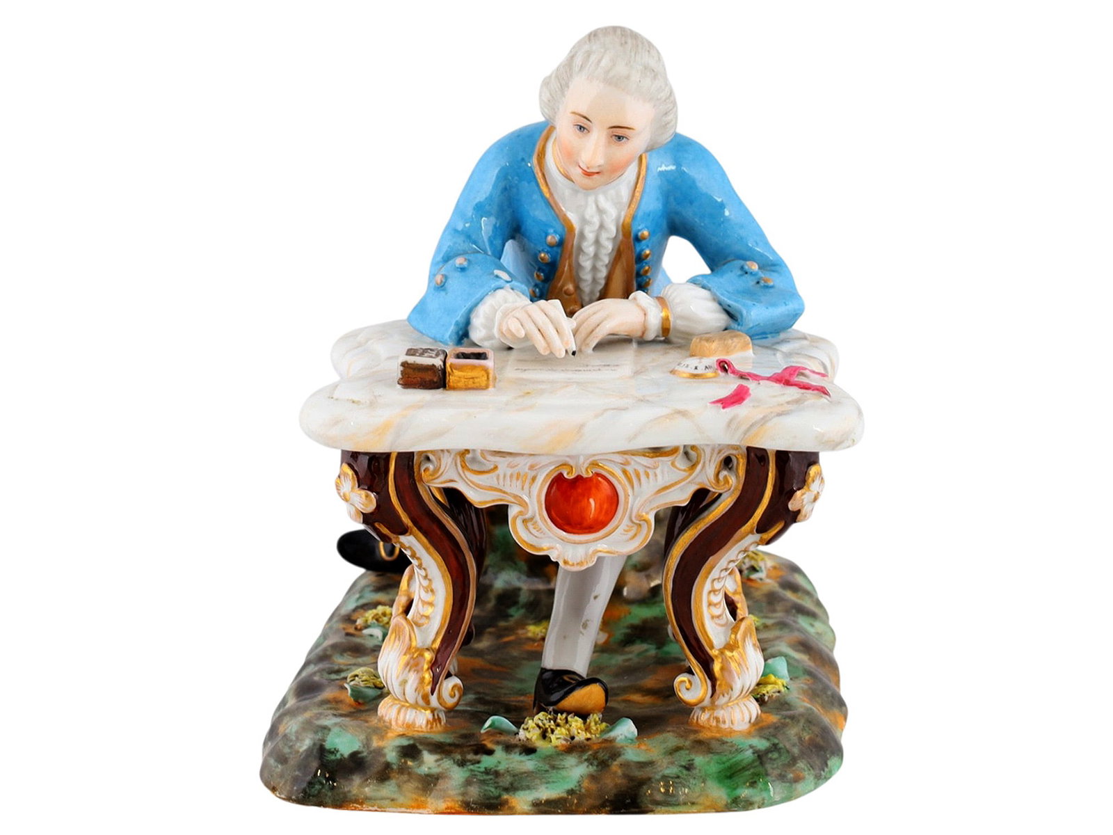 A RUSSIAN IMPERIAL PORCELAIN FACTORY FIGURE OF "A GENTLEMAN WRITING A LETTER," MID-19TH CENTURY: After a model by Johann Joachim Kändler. Finely modeled as an elegantly dressed gentleman seated at an elaborate Rococo table, writing a letter with a quill. The tabletop is fitted with an inkwel