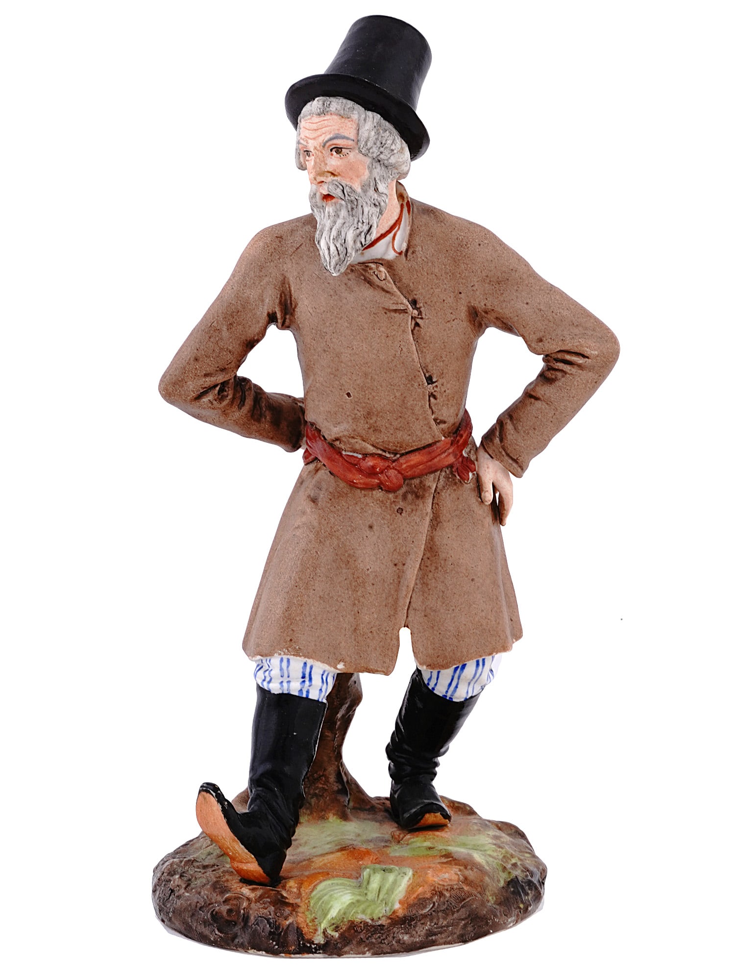 A RUSSIAN PORCELAIN FIGURE, POPOV, LATE 19TH CENTURY: Popov Factory, 19th century.Naturalistically modeled as a peasant man tapping his foot, dressed in a beige coat with a red belt, blue and white striped trousers, a black top hat, and black boots.Marke