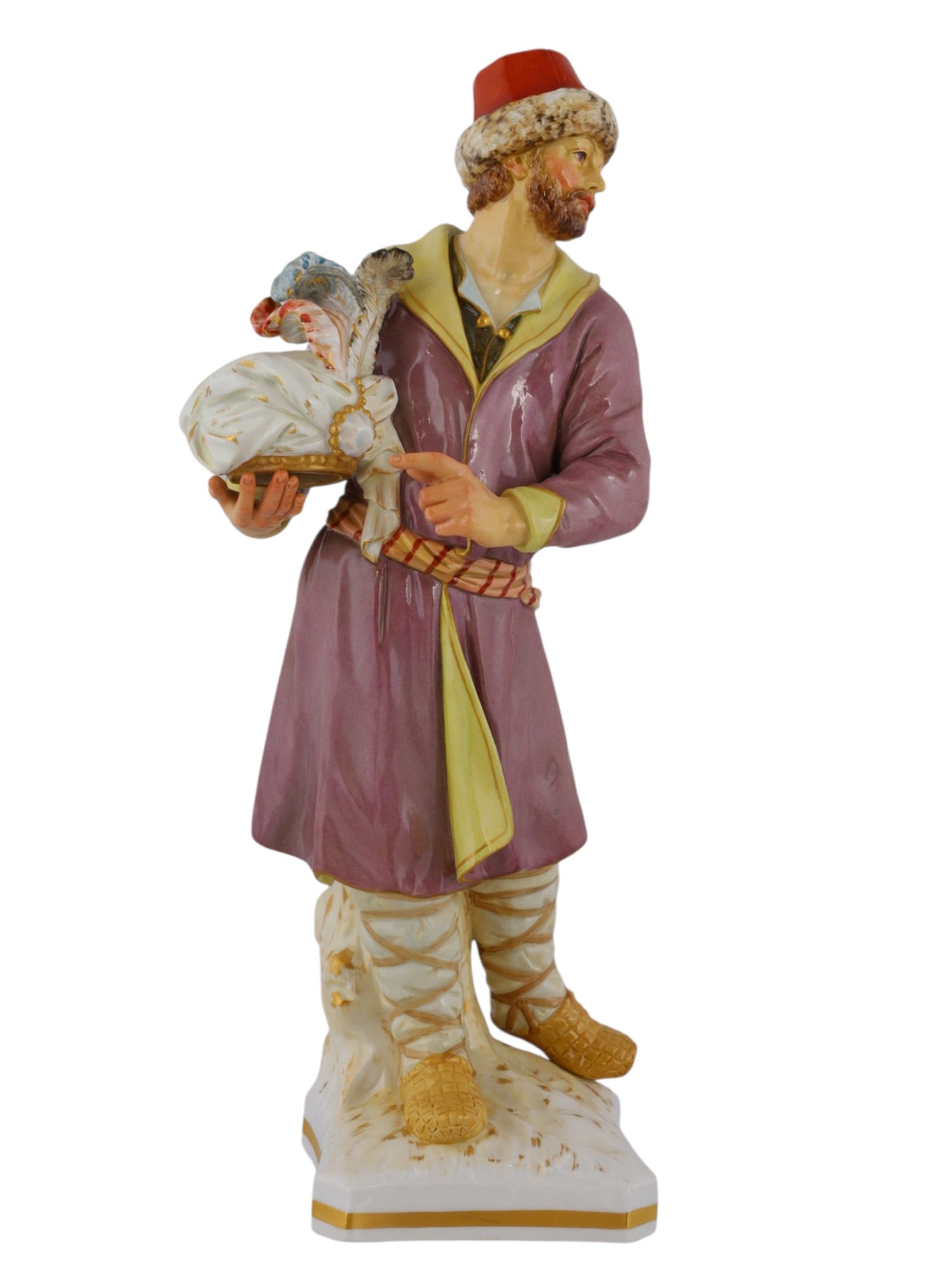 A LARGE AND RARE KPM BERLIN PORCELAIN FIGURE OF A RUSSIAN PEASANT: Modeled by Friedrich Elias Meyer (German, 1723–1785), circa 1875–1925.Polychrome-painted as a bearded Russian peasant holding a turkey wrapped in a white cloth. He wears a red fur-trimmed 