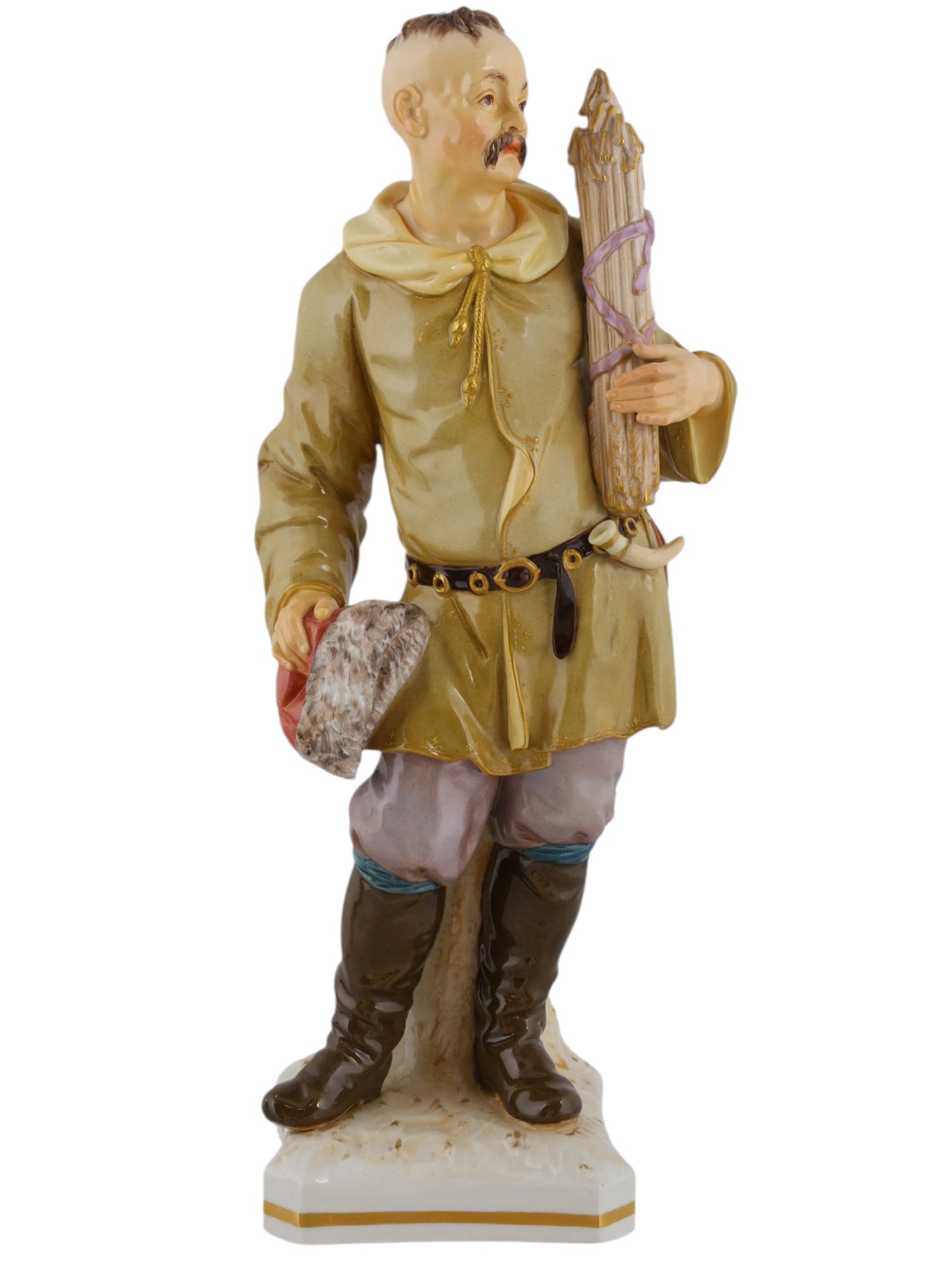A KPM PORCELAIN FIGURE OF A BELARUS PEASANT, 19TH CENTURY: A detailed porcelain figure of a pesant in traditional attire, produced in Germany by KPM, aka Königliche Porzellan-Manufaktur (Royal Porcelain Factory), after a design by Friedrich Elias Meyer (