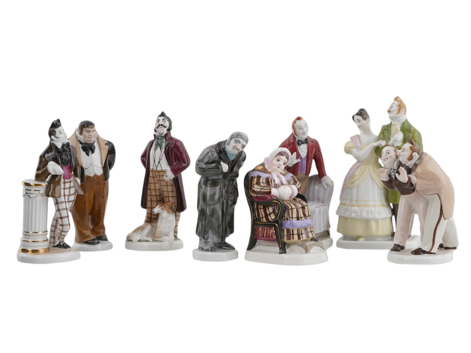 A GROUP OF EIGHT SOVIET PORCELAIN FIGURINES BASED ON NIKOLAI GOGOL?S NOVEL DEAD SOULS AND COMEDY THE: A collection of eight hand-painted Soviet porcelain figurines inspired by characters from Nikolai Gogol’s novel Dead Souls and the comedy The Government Inspector. Produced by the Lomonosov Porc