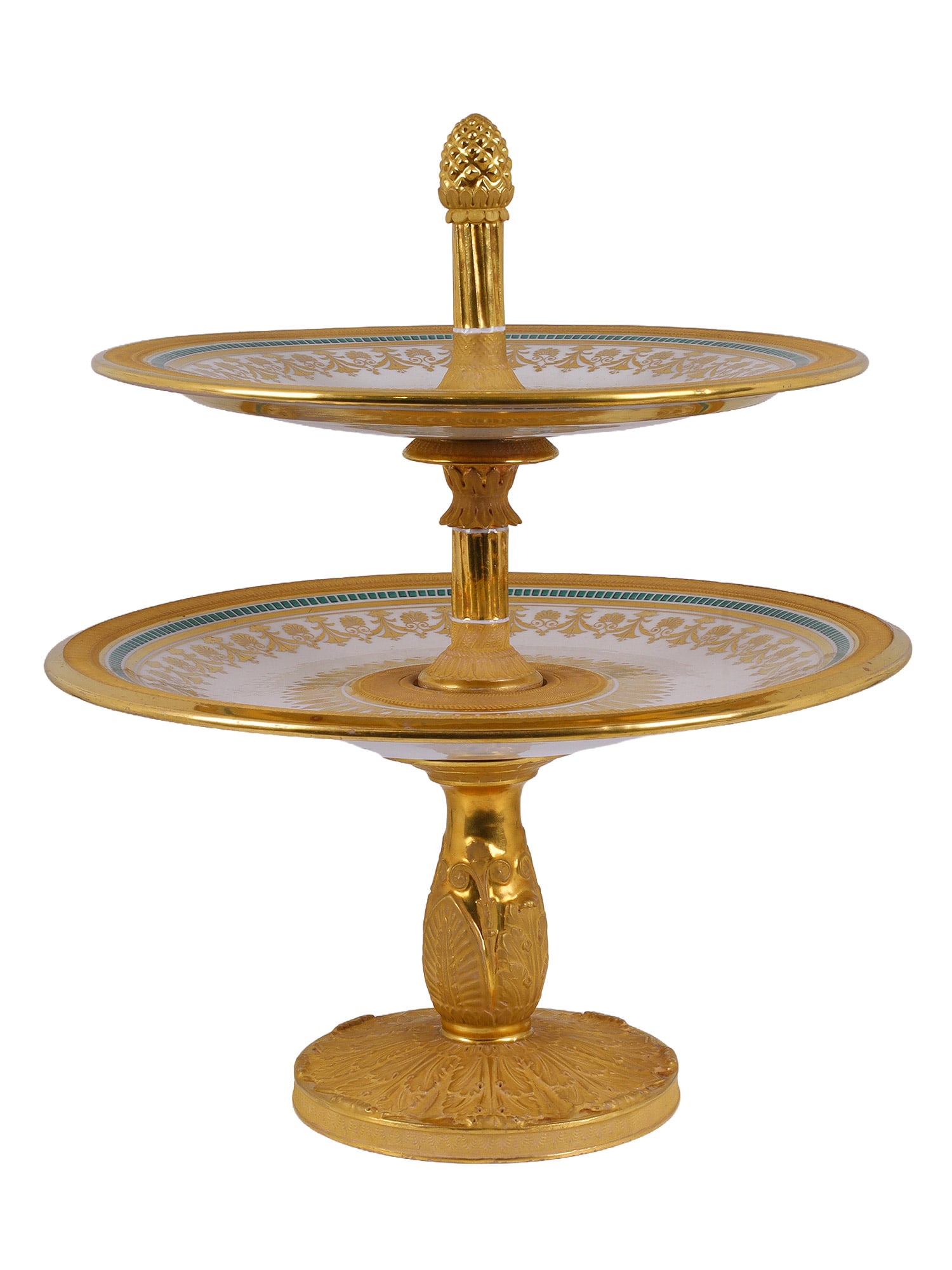 AN IMPERIAL RUSSIAN PORCELAIN TWO-TIER CAKE STAND FROM THE ELAGIN ISLAND PALACE SERVICE, CIRCA 1823: An exceptionally rare and important Imperial Russian porcelain two-tier cake stand or tazza from the celebrated Elagin Island Palace Service, produced by the Imperial Porcelain Factory during the reig