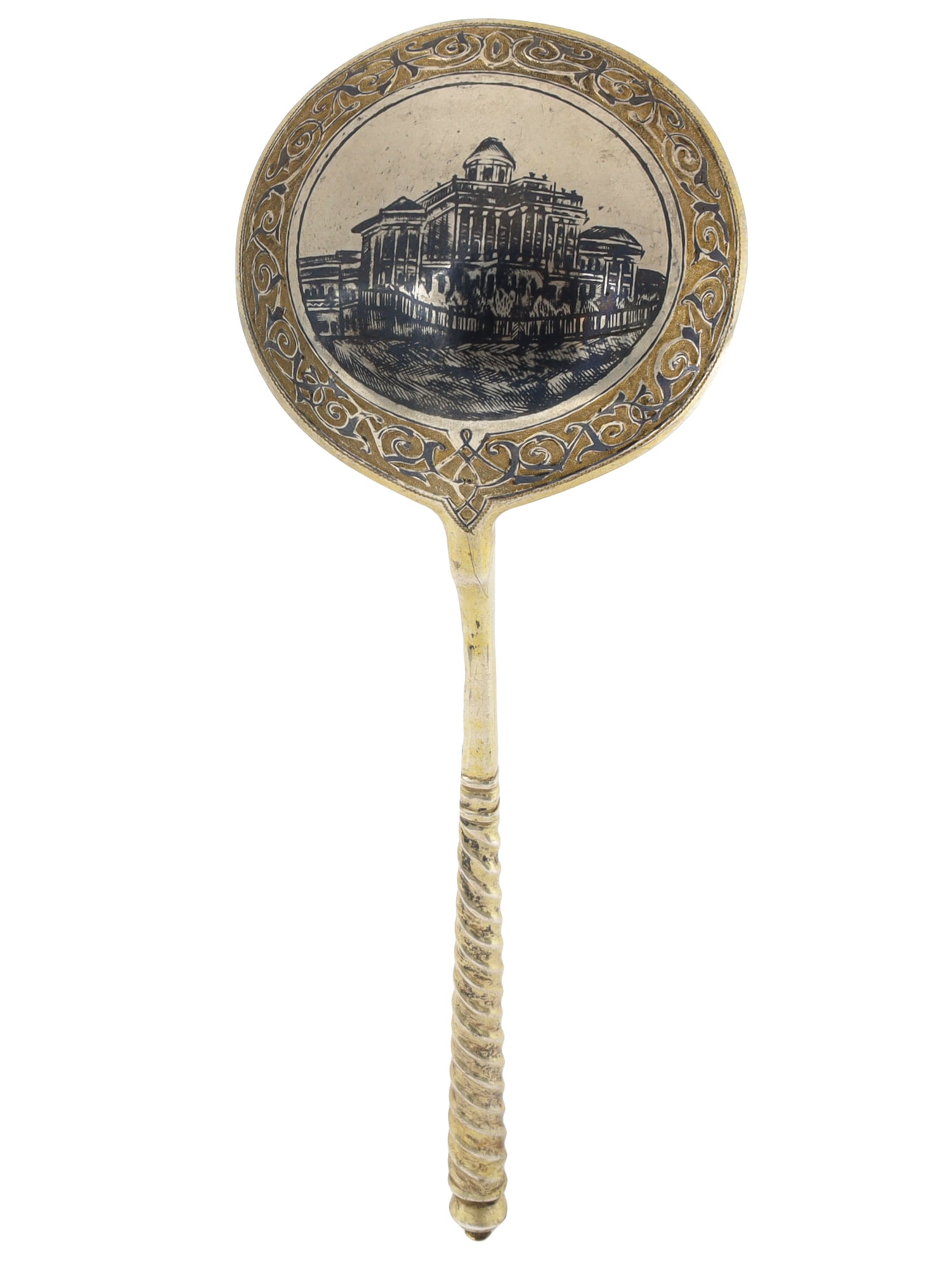 A RUSSIAN SILVER SPOON WITH NIELLO ENAMEL ARCHITECTURAL SCENE, 1875: The circular bowl nielloed on the reverse with a detailed architectural view, apparently depicting the Pashkov House—then home to the Rumyantsev Museum—within a scrolling foliate border, t