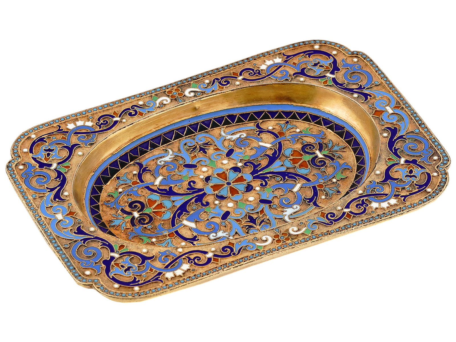 A RUSSIAN SILVER-GILT AND ENAMEL TRAY, MOSCOW, 1889: Moscow, 1889.Elaborately decorated with varicolored cloisonne enamel scrolling foliage on stippled gilt ground within turquoise pellet borders.Hallmarks: maker's mark 'JA', 84 Russian silver standard,