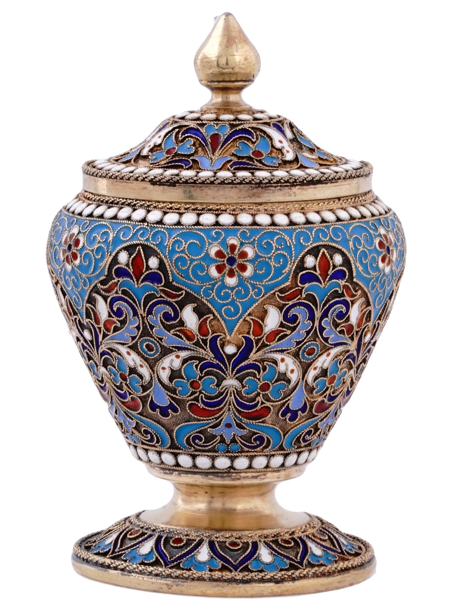 A RUSSIAN SILVER-GILT AND CLOISONNE ENAMEL LIDDED JAR, 1894: Nikolay Alekseev, Moscow, 1894.Decorated with ornate scrollwork and floral motifs in cloisonne enamel on a stippled gilt ground within a frieze of white enamel pellets.Hallmarks: 84 Russian silver sta