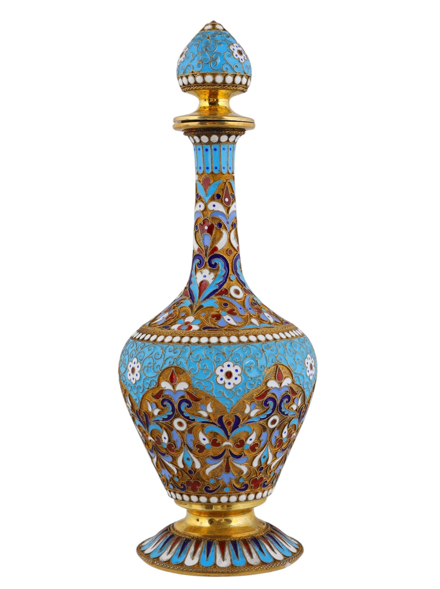 A RUSSIAN SILVER-GILT AND CLOISONNE ENAMEL STOPPERED SCENT BOTTLE: Late 19th/early 20th century.Of baluster form, with a spreading circular foot, elongated tapering neck and detachable egg-shaped stopper. The body finely decorated with shaded cloisonne enamel floral 