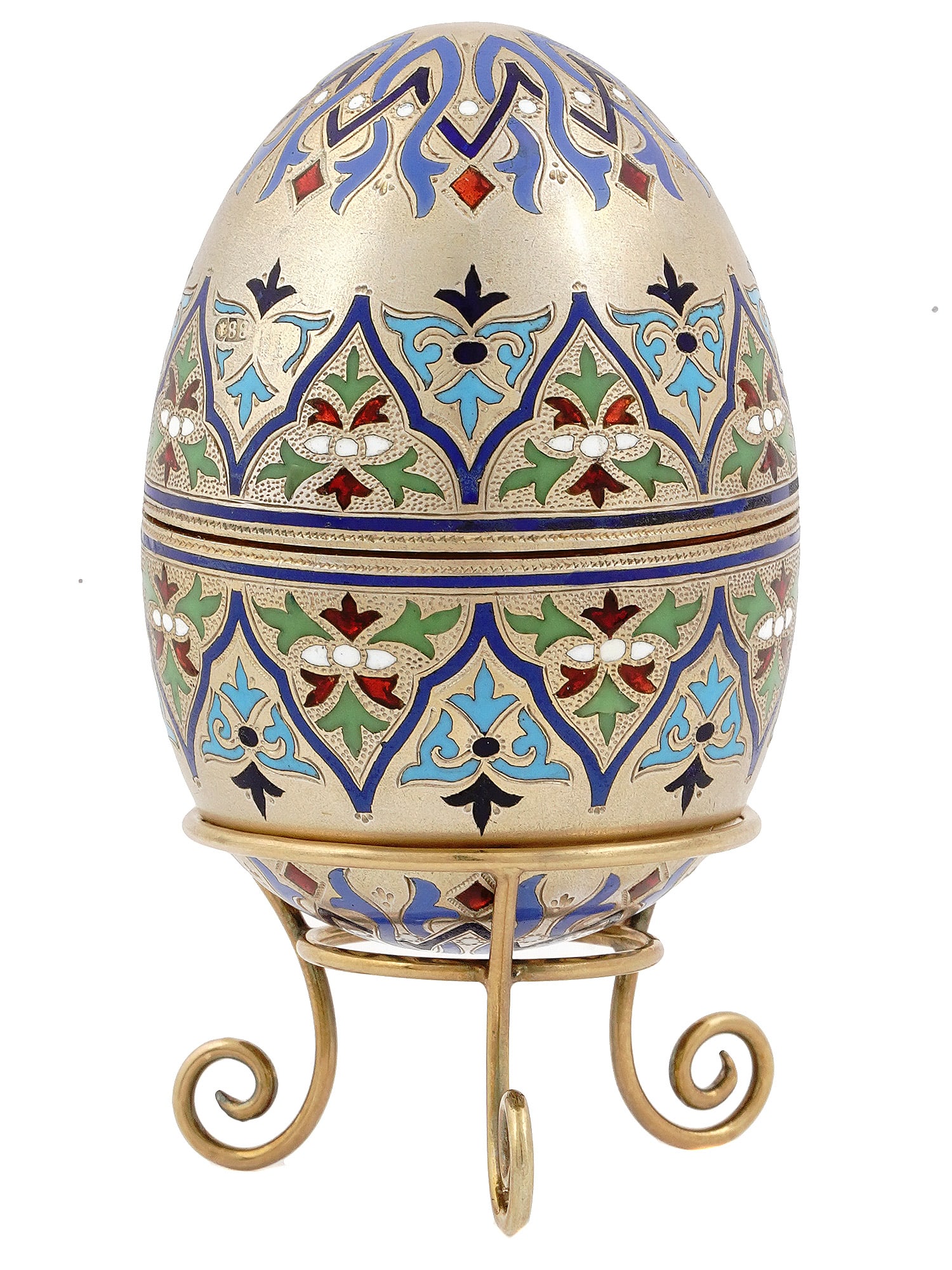 A RUSSIAN CLOISONNNE SILVER AND ENAMEL EASTER EGG, 1882-1899 (1 of 4)