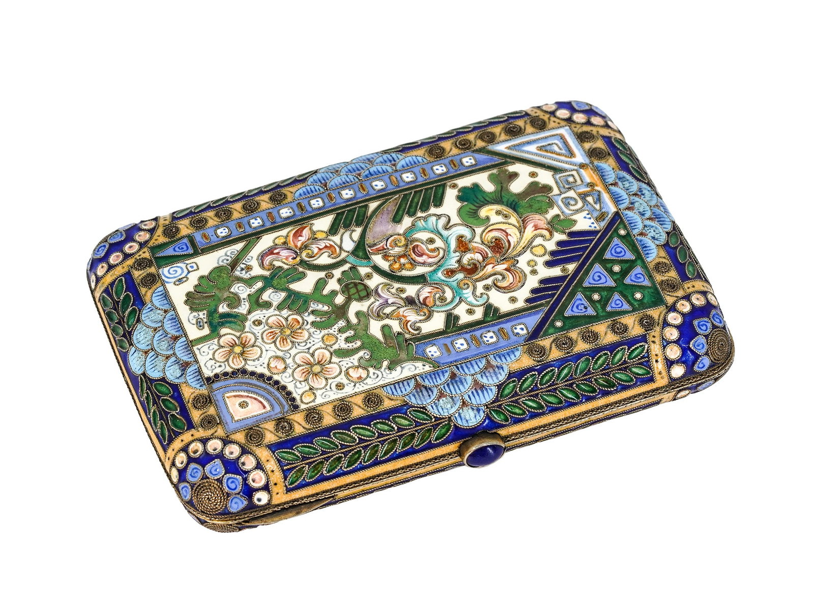 A RUSSIAN SILVER CLOISONNE ENAMEL CIGARETTE CASE, 1908-1917: Probably Moscow, 1908-1917.Of rectangular form with rounded corners, the hinged lid and base are decorated in finely executed cloisonné enamel with scrolling floral and foliate motifs in vibrant 