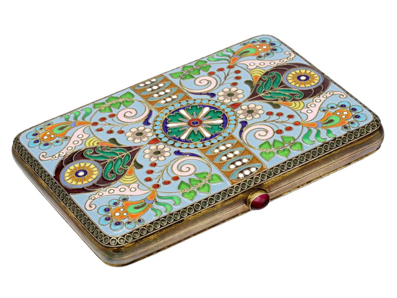A RUSSIAN PARCEL-GILT-SILVER AND CLOISONNE ENAMEL CIGARETTE CASE BY SAZIKOV: Rectangular with rounded corners, both sides decorated in polychrome cloisonné enamel with stylized peacocks, flowerheads, berries and scrolling foliage in shades of blue, green, pink, red, orang