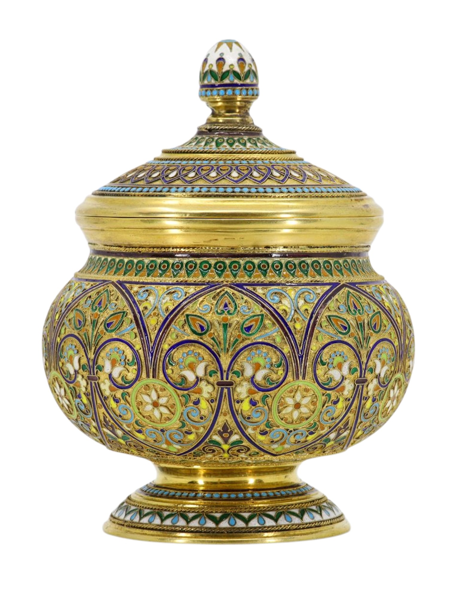 A RUSSIAN PARCEL GILT-SILVER AND CLOISONN? ENAMEL LIDDED CONTAINER, CA. 1890: Pavel Fedorovich Mishukov, Moscow, circa 1890.Of bulbous form on a spreading circular foot, the bowl and detachable lid richly decorated with polychrome shaded cloisonné enamel in the Neo-Russian
