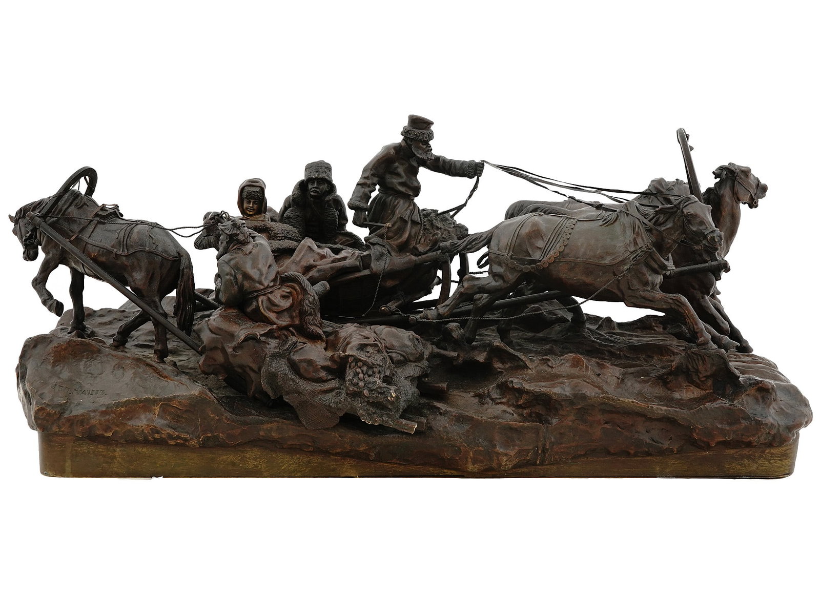 A RUSSIAN BRONZE GROUPING "TROIKA", V. GRACHEV, 19TH CENTURY: Titled: "A Speeding Troika".Cast by C.F. Woerffel after a model by Vasiliy Grachev (1831-1905), late 19th century.A beautifully modeled bronze figural group of a peasant's sleigh loaded with goods bei