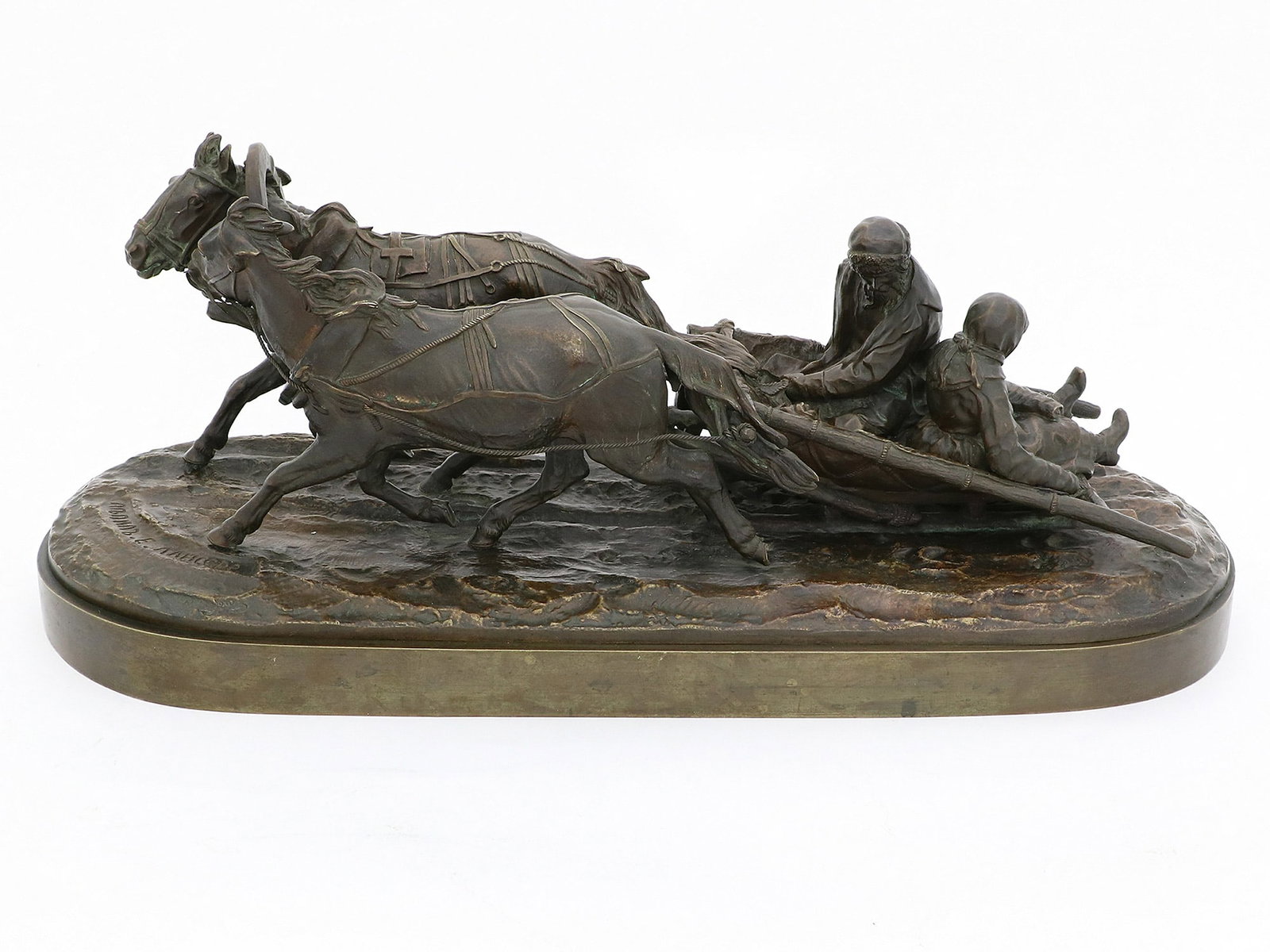 A RUSSIAN BRONZE GROUP, E. LANCERAY, 19TH CENTURY: Titled: "On the Sled".Cast by N. Shtange after a model by Evgeny Lanceray (1848 –1886), late 19th century.On a shaped oval naturalistic base, realistically cast as a man and a woman bundled up, 