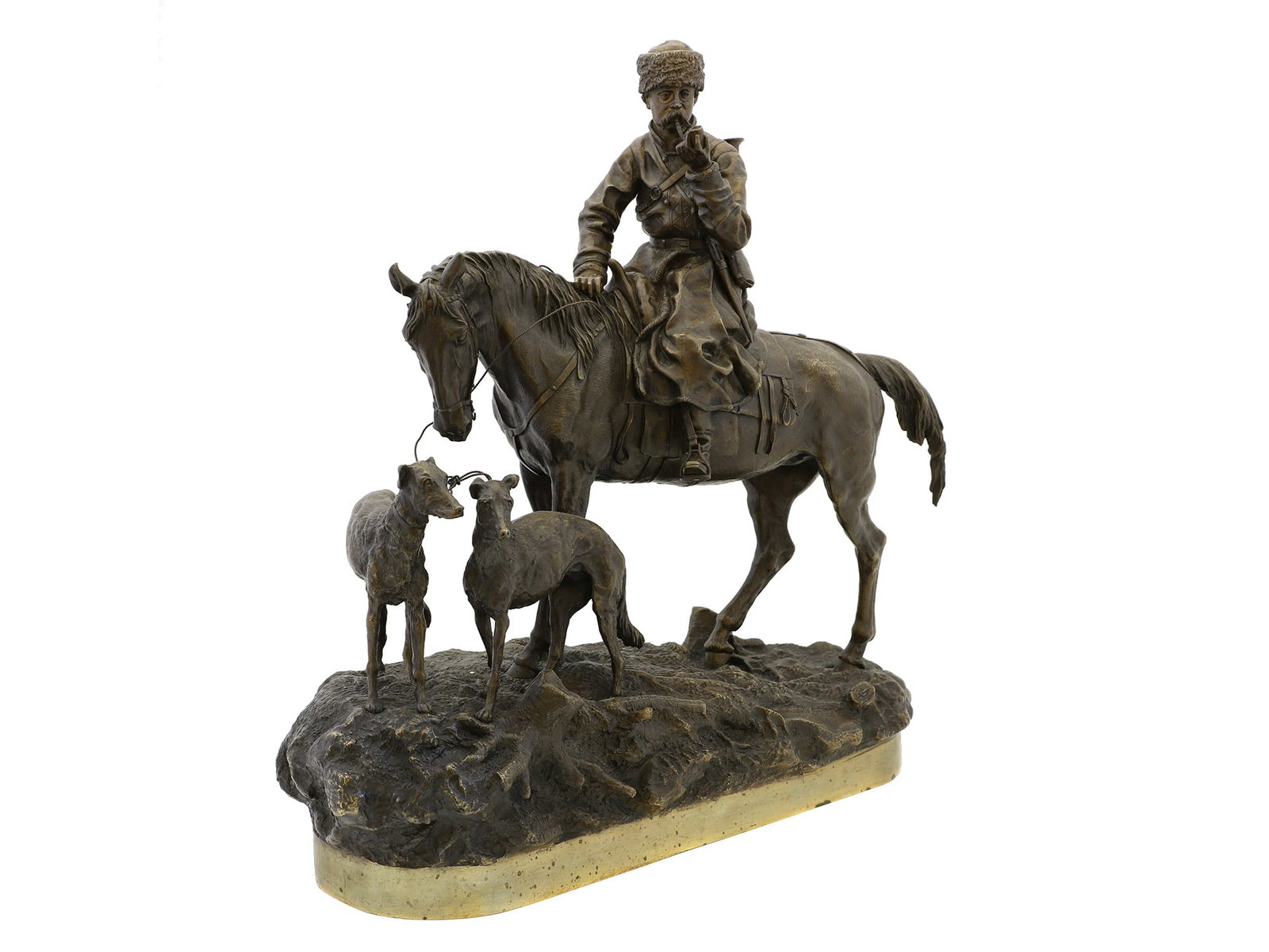 A RUSSIAN BRONZE GROUP BY GRACHEV, 1877: "Cossack Hunter with Two Greyhounds"Cast by C.F. Woerffel after a model by Vasili Grachev (1831-1905), late 19th century.On a naturalistic oval base, realistically cast as a hunter on horseback smokin