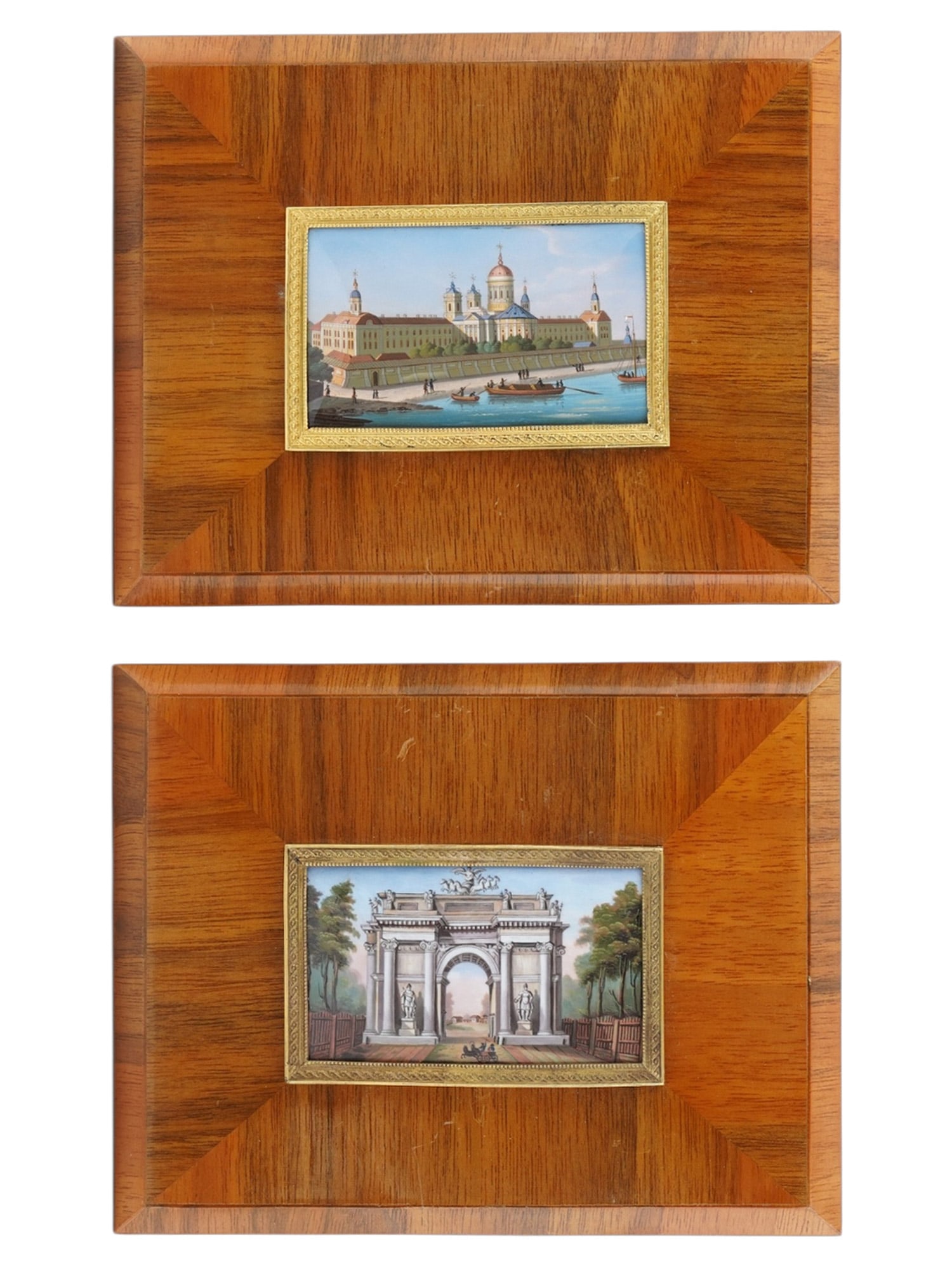 A PAIR OF RUSSIAN ENAMEL TOPOGRAPHICAL PLAQUES WITH VIEWS OF SAINT PETERSBURG, 19TH CENTURY: Russian, 19th century.Each rectangular porcelain plaque is finely painted with a topographical view of Saint Petersburg: one depicting the Alexander Nevsky Lavra beside the Monastyrka River, with boat